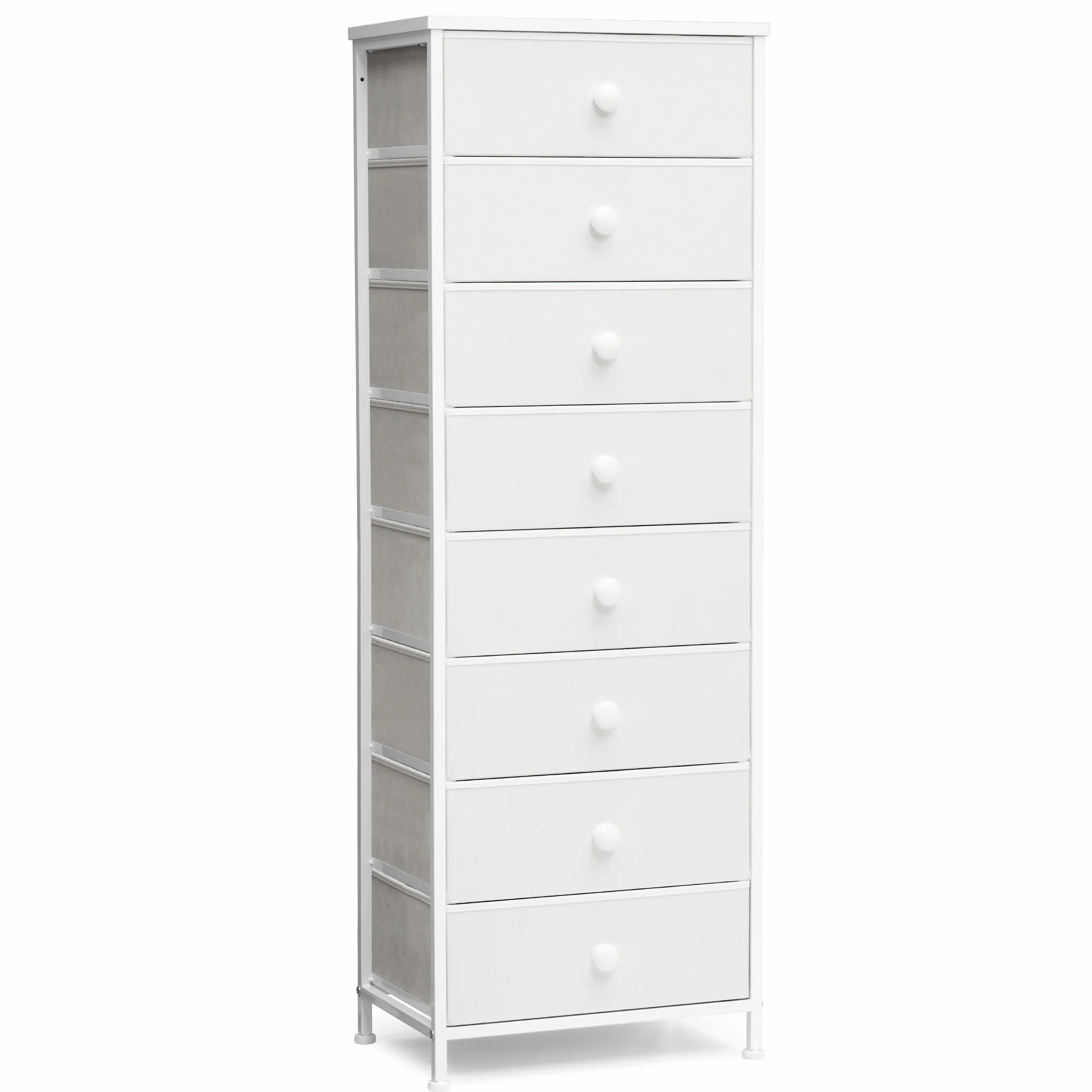 Fabric Dresser for Bedroom, 8 Drawer Tall Vertical Skinny Tower (White) | Wooden Top, Steel Frame, Easy Pull Bin,Organizer Unit for Living Room, Hallway, Entryway, Nursery, Closets
