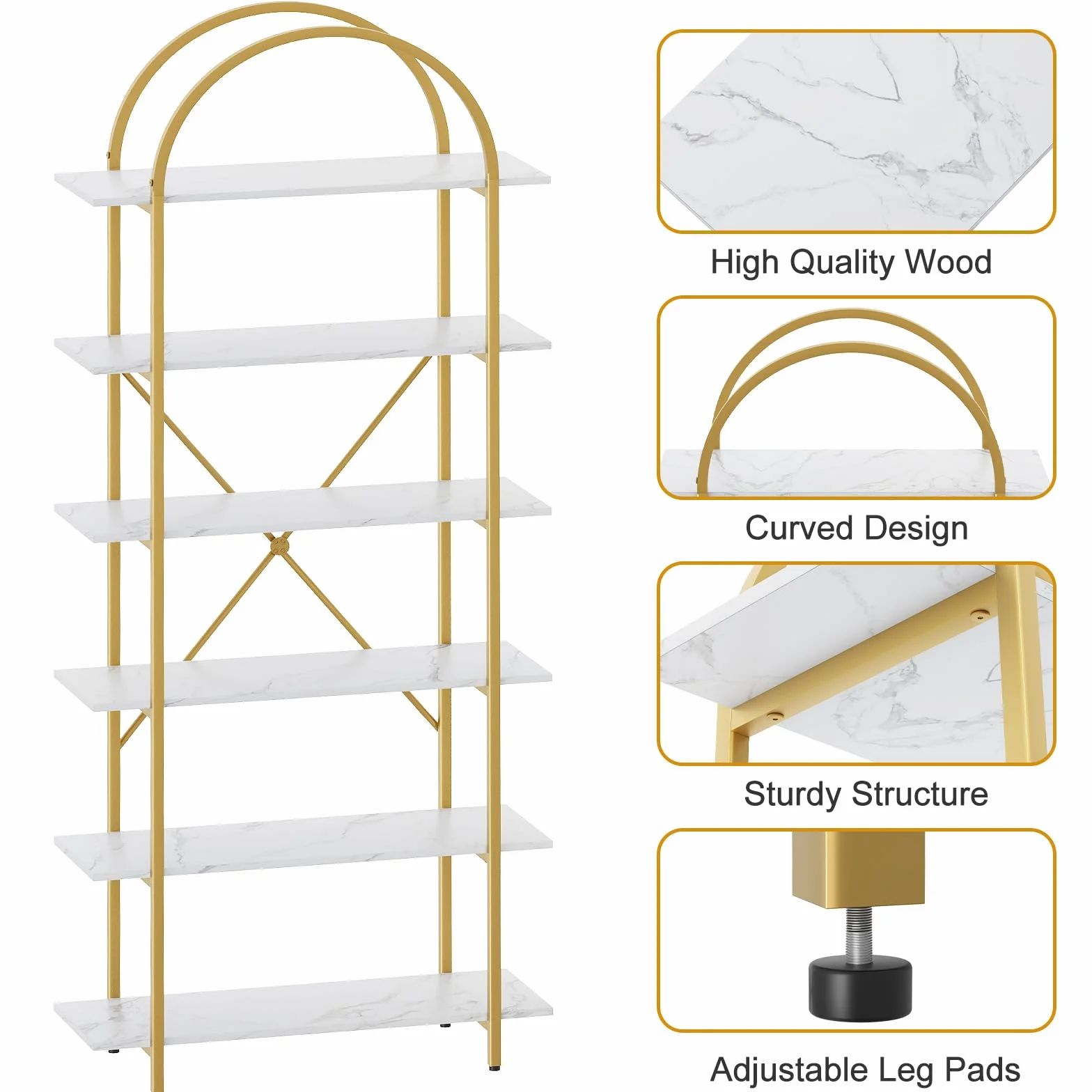 Arbuxzuy 6 Tier Bookshelf, 83" Tall Arched Bookcase, Tall Book Shelf with Metal Frame, Modern Display Standing Shelf for Living Room, Home Office, Bedroom, Gold