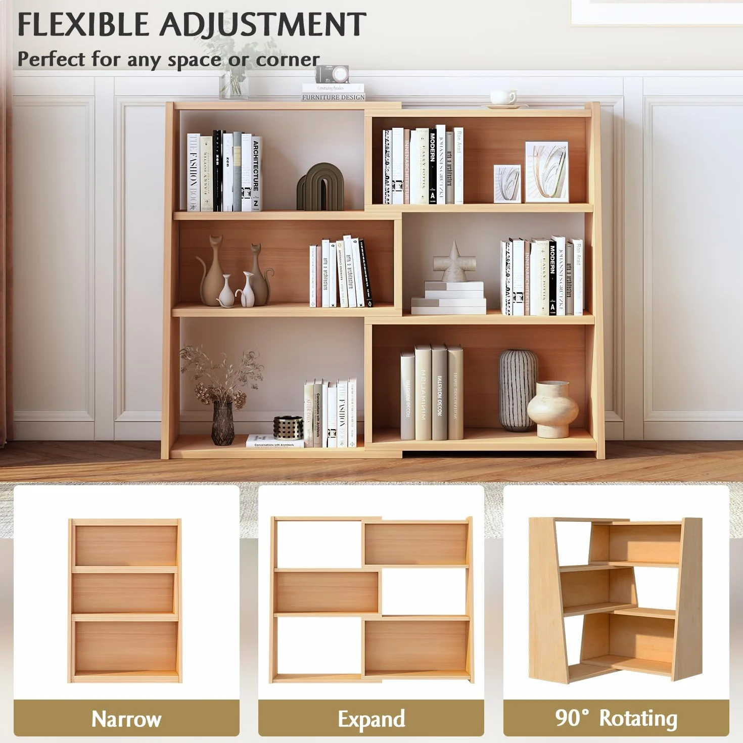 IOTXY Wooden Extendable Shelf Bookcase, 3-Tier Low Bookshelf, Oak, S | Adjustable Two-piece Design, 6 Open Cubbies, Extends 23.6"-43.3" for Straight Walls, Corners, and Small Spaces