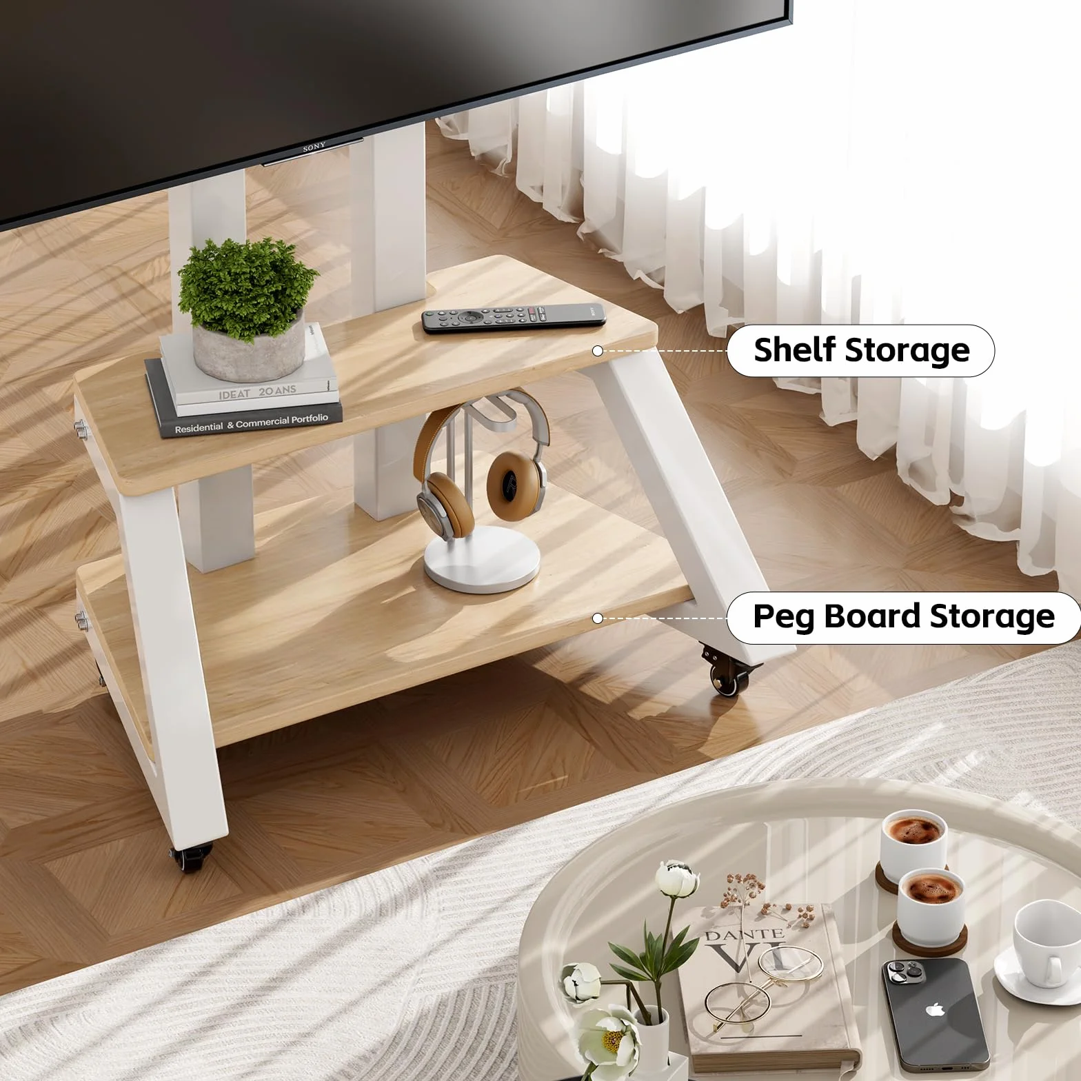 Mobile TV Stand Rolling TV Cart with Wheels for Most 32-86 Inch TV | TV Stand with Double Wooden Shelf, Height Adjustable Heavy-Duty Holds up to 180lbs,Max VESA 600 * 450mm