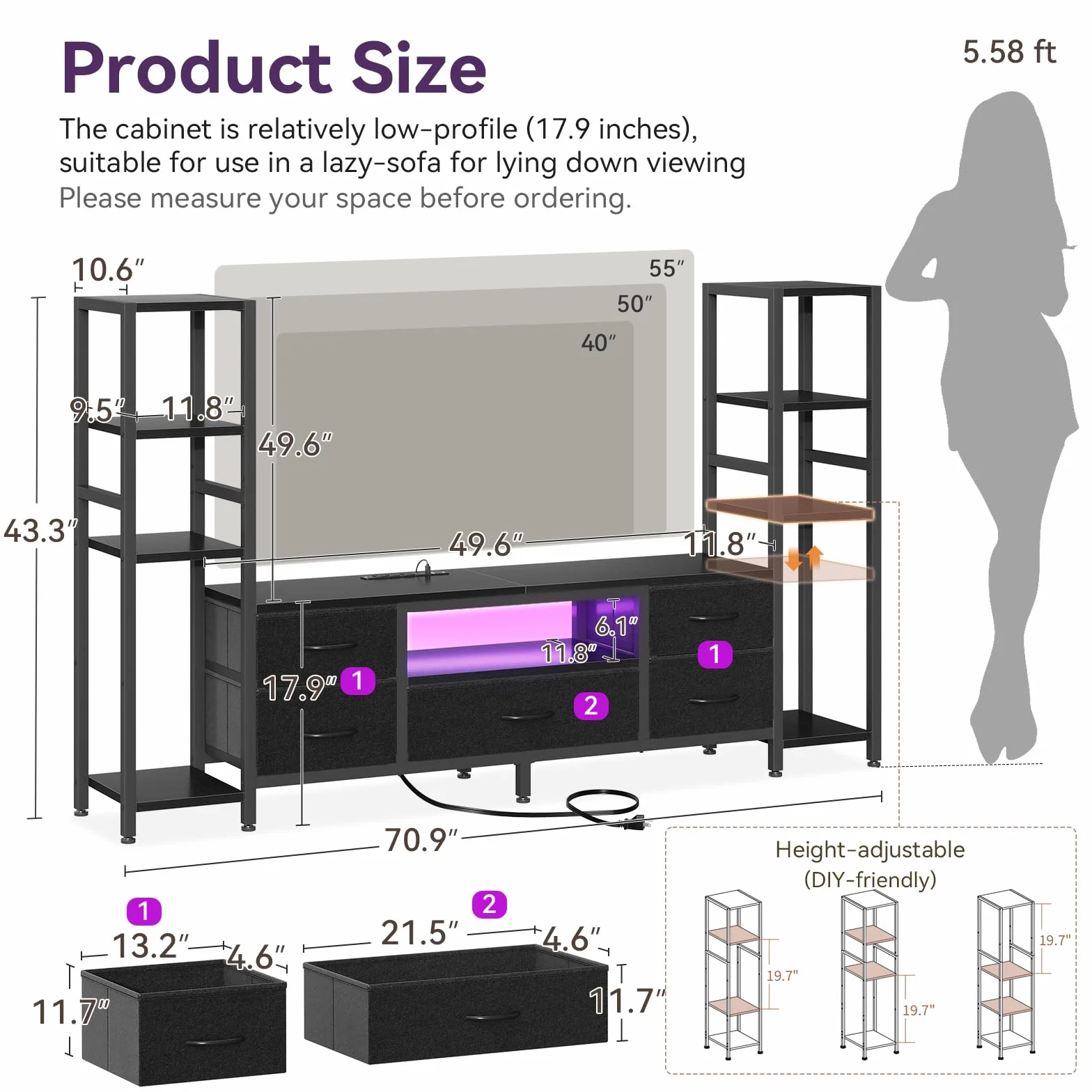 Casaottima TV Stand for 40/50/55 Inch TV, Low-Profile Entertainment Center with LED Lights & Power Outlets, TV Stand with Drawers & Open Shelves for Storage for Small Spaces/Living Room/Gaming, Black