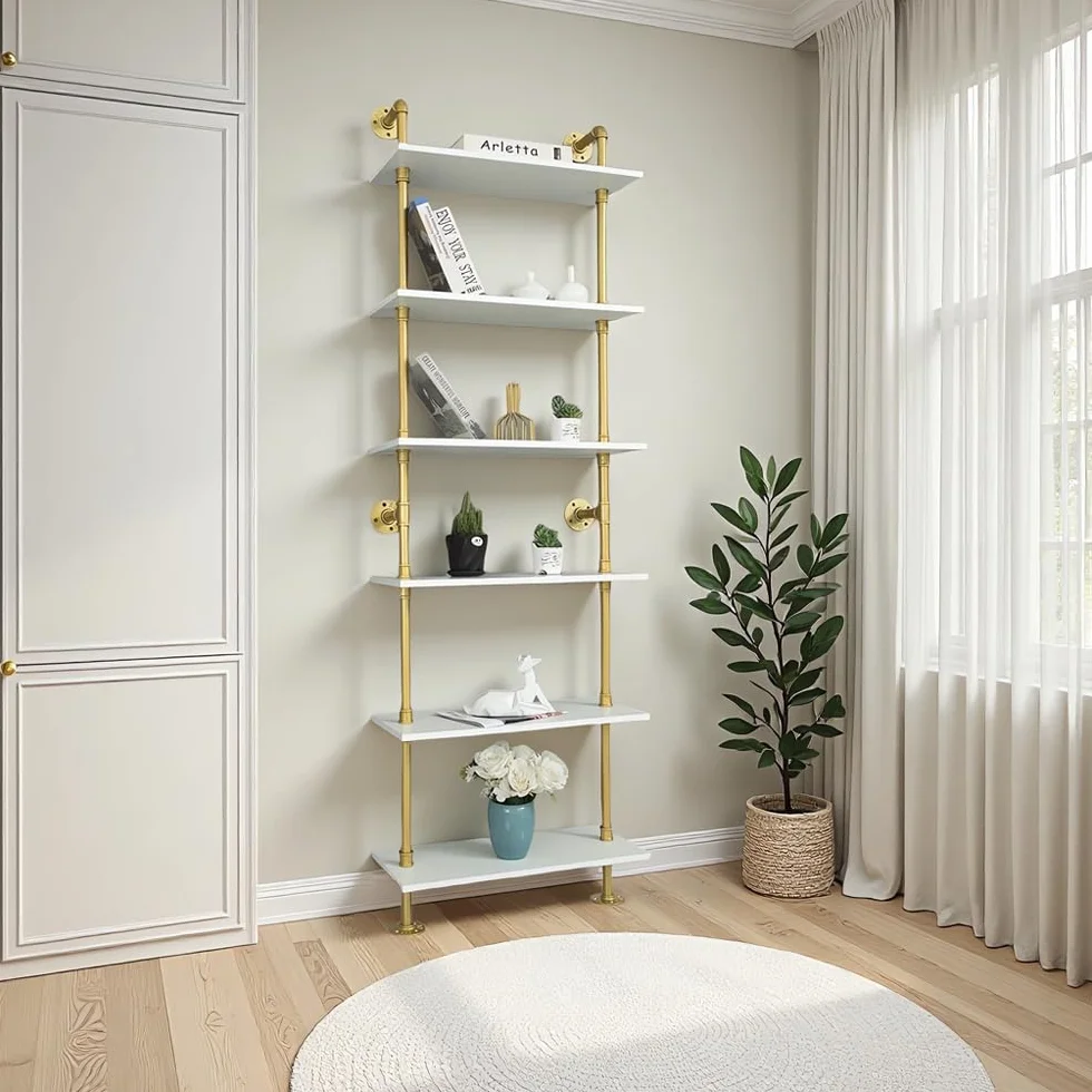 Industrial Gold Bookshelf-6 Tier Wall Mounted Ladder Bookshelf, Rustic Gold Storage Book Shelves Display Bookcases for Living Room/Home/Office