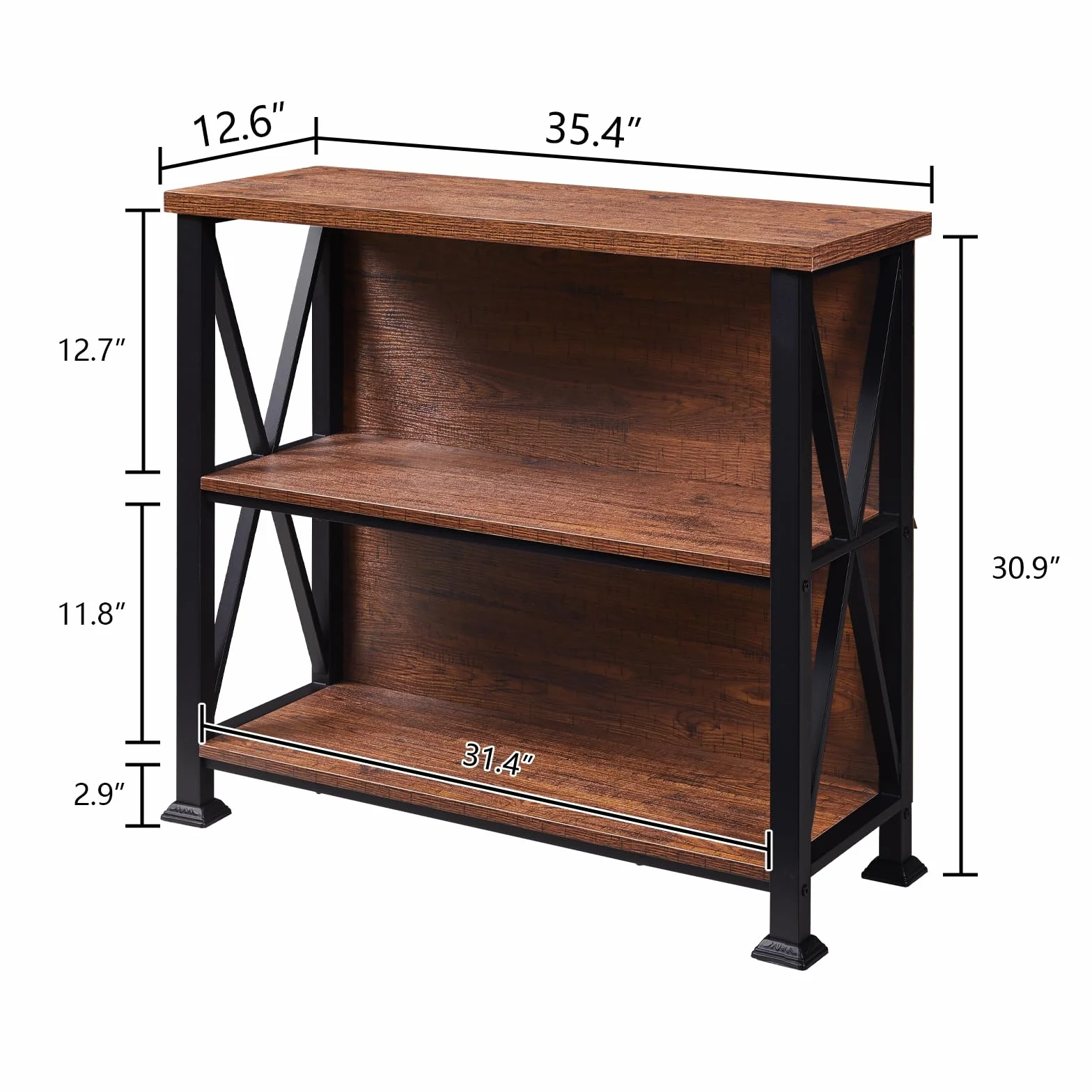 Hombazzar 3 Tier Bookshelf,35.4" Wide Short Bookshelf,Brown | Suitable for Office Living Room,Industrial Style,Sturdy X-shaped,Adjustable Feet, MDF Board & Metal,Easy Assemble