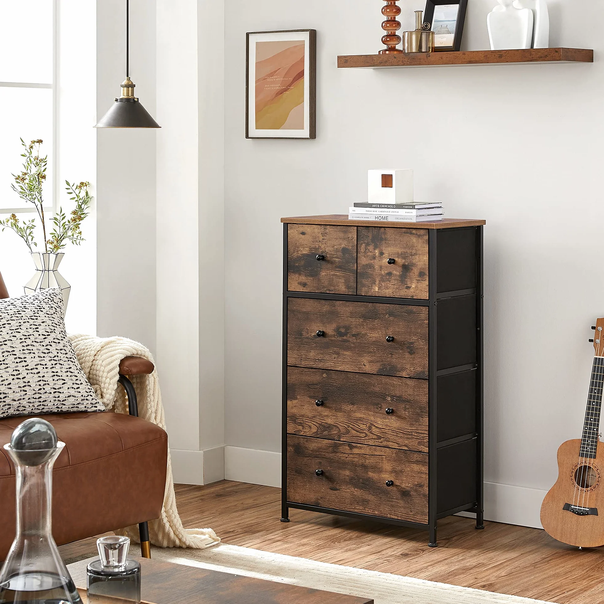 SONGMICS Drawer Dresser, Storage Dresser Tower with 5 Fabric Drawers, Wooden Front and Top, Industrial Style Dresser Unit, for Living Room, Hallway, Nursery, Brown and Black ULGS45H