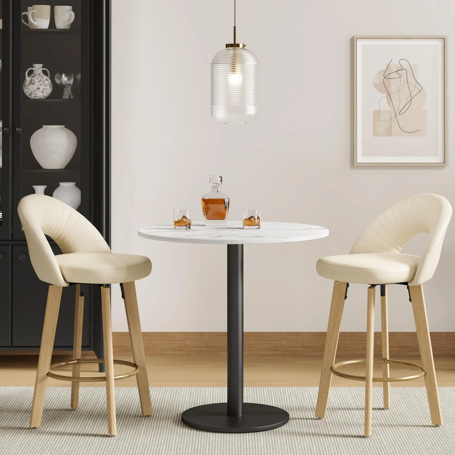 Bar Stools Set of 2, Swivel Counter Height Bar Stools with Bentwood Legs,Metal Footrest,Mid Century Modern Faux Leather Upholstered Counter Stools for Kitchen Island, Bar, Restaurant-Beige