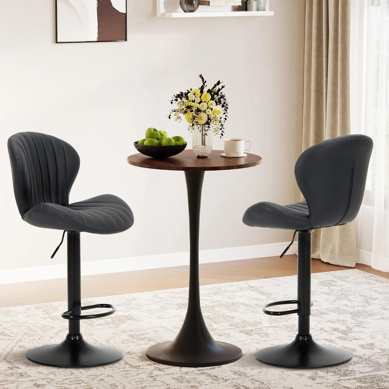 COLAMY Bar Stools Set of 4, Modern Swivel Bar Chairs, Adjustable Faux Leather Upholstered Barstools Counter Height with High Backrest for Bar, Kitchen Island, Dining Room, Black