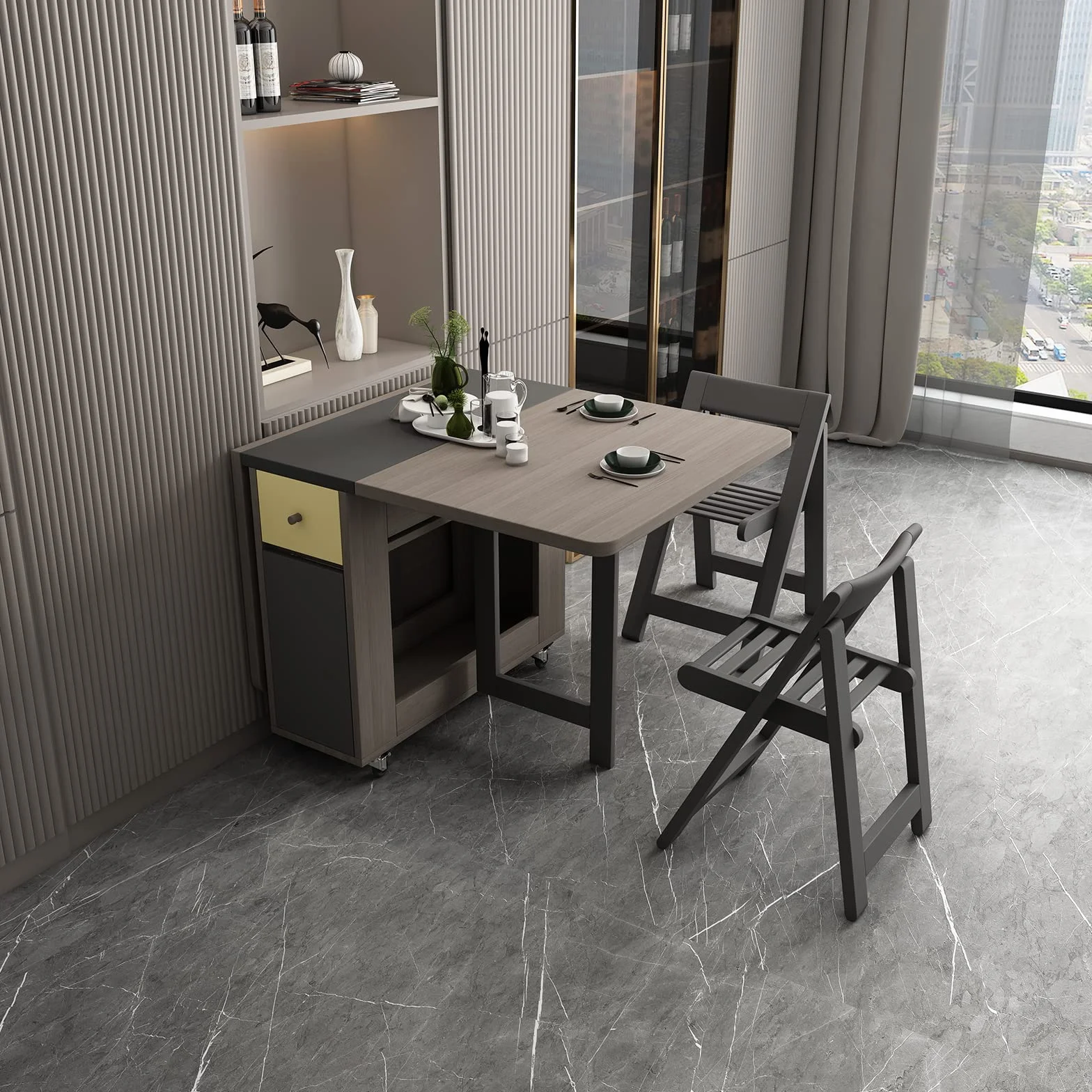 Drop Leaf Folding Dining Table with Storage, 2 Drawers, Grey | 3 Foldable Forms, Space Saving, Movable on Casters, for Kitchen Dining Living Room, Extendable, Versatile