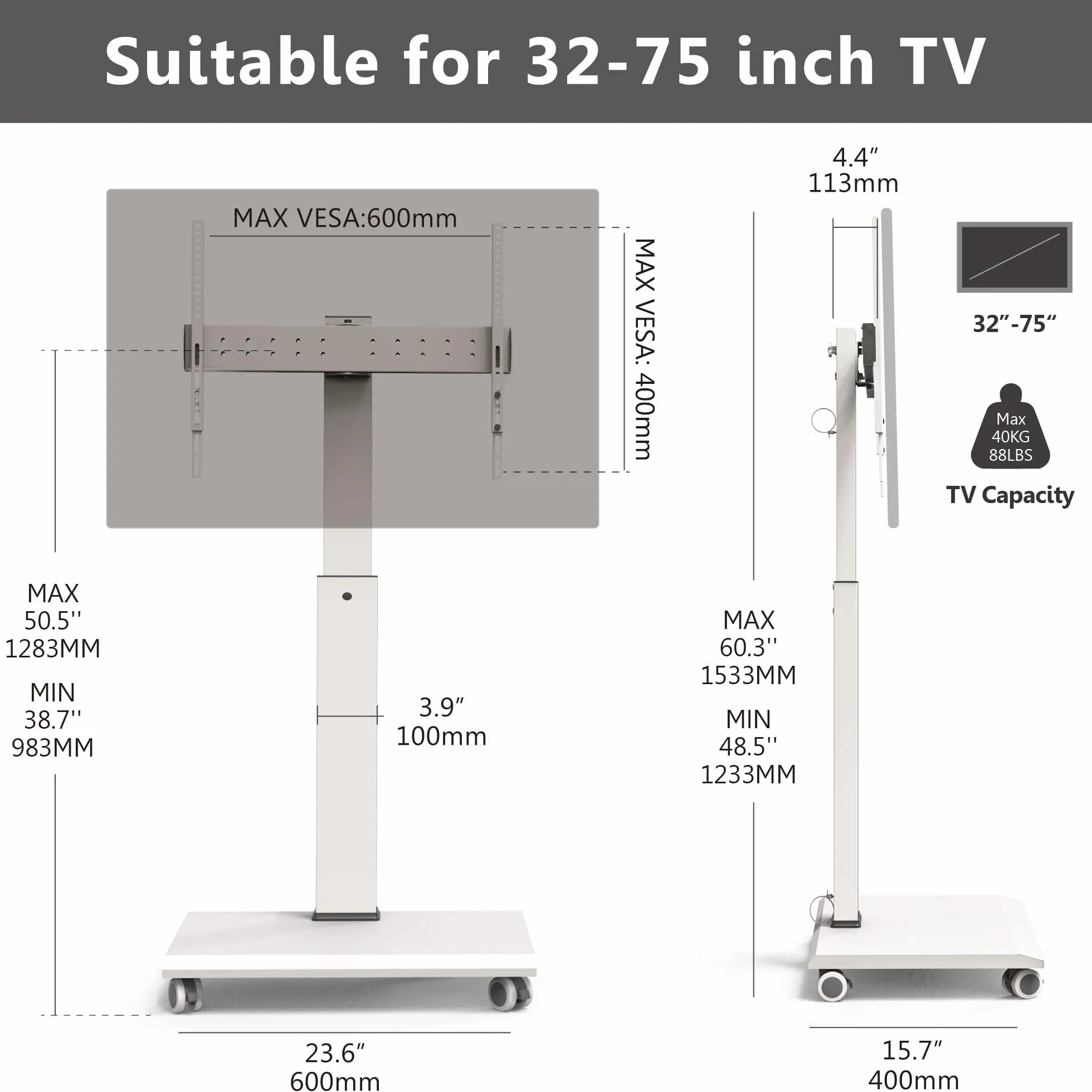 FITUEYES Rolling TV Stand - Portable Mobile TV Cart on Wheels for 32 to 65 70 75 Inch TVs, Landscape to Portrait Rotating and 40°Swivel, Height Adjustable TV Cart Rolling TV Stand Hold Up to 88 Lbs