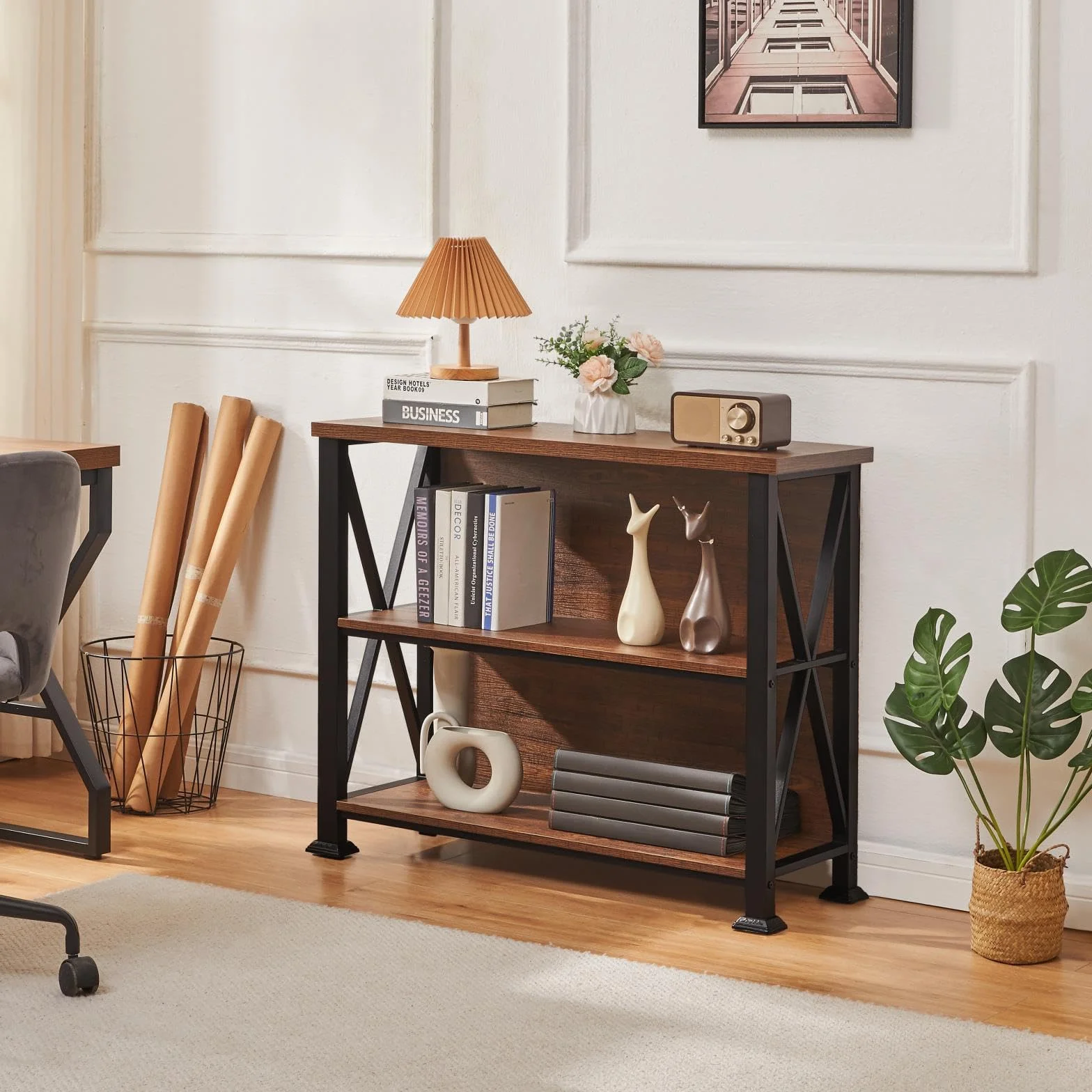 Hombazzar 3 Tier Bookshelf,35.4" Wide Short Bookshelf,Brown | Suitable for Office Living Room,Industrial Style,Sturdy X-shaped,Adjustable Feet, MDF Board & Metal,Easy Assemble