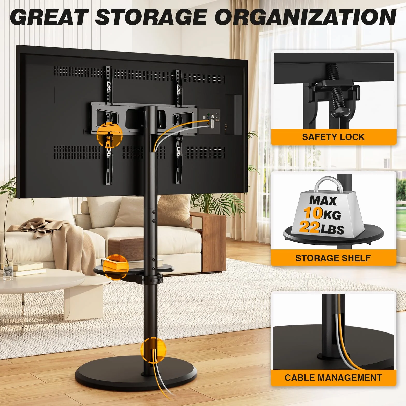 5Rcom Rolling Mobile TV Stand for 32-65 Inch Flat Screen TVs | Height Adjustable Tilt TV Cart with Storage Shelf, Holds 88lbs, Black for Bedroom Living Room Office