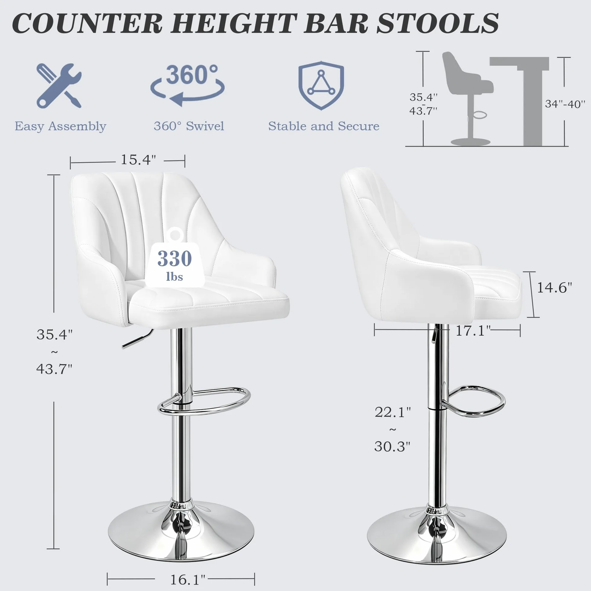 VECELO Bar Stools Set of 2, Adjustable Barstools, Counter Height Stools with Back and Arm, Kitchen Island Stools, Swivel PU Leather Stools, Modern Style, White