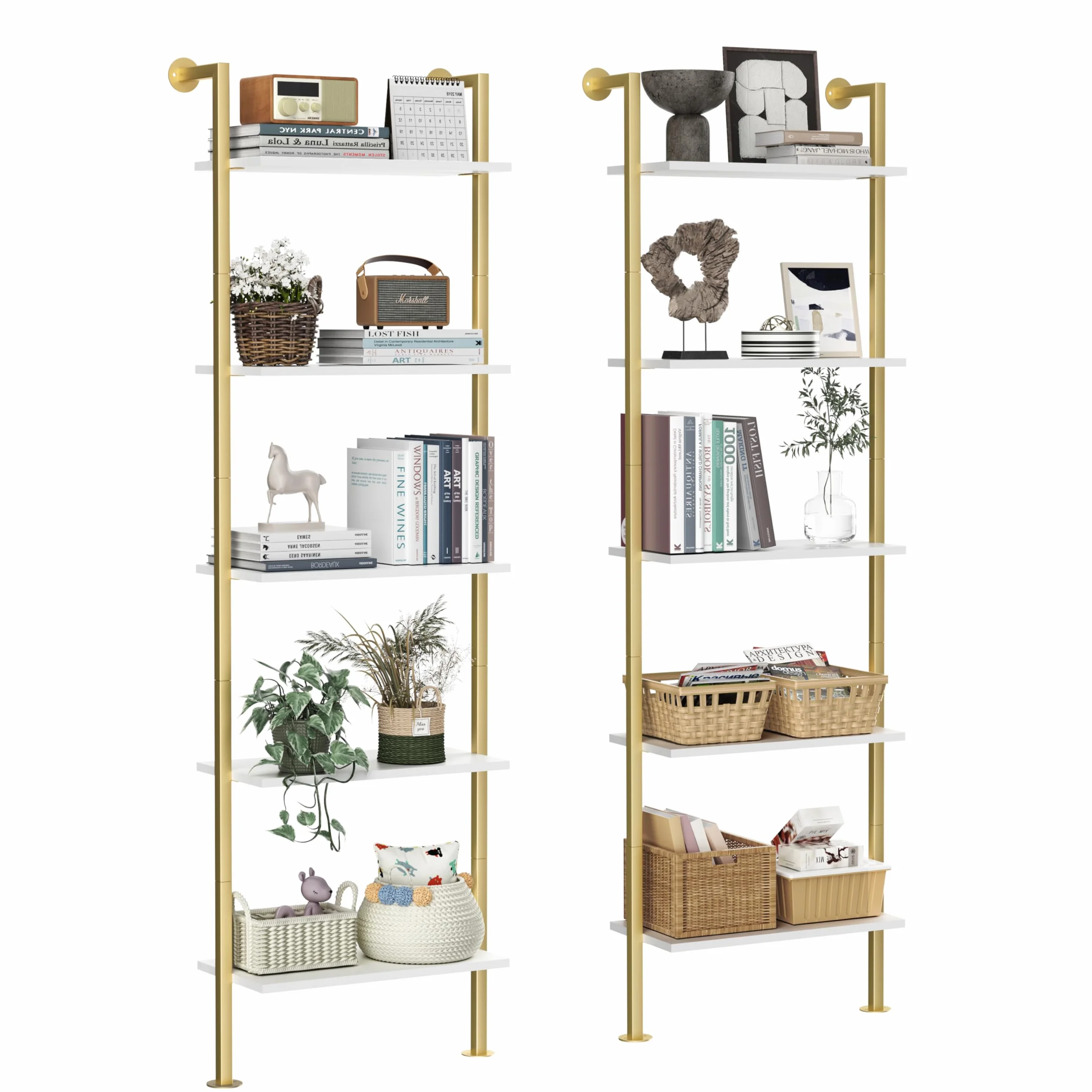 Acovy 5-Tier Bookshelf - Solid Wood Narrow Bookcase Set of 2, Wall Mount Ladder Shelf, Storage Rack for Living Room, Bedroom, Bathroom, White and Gold