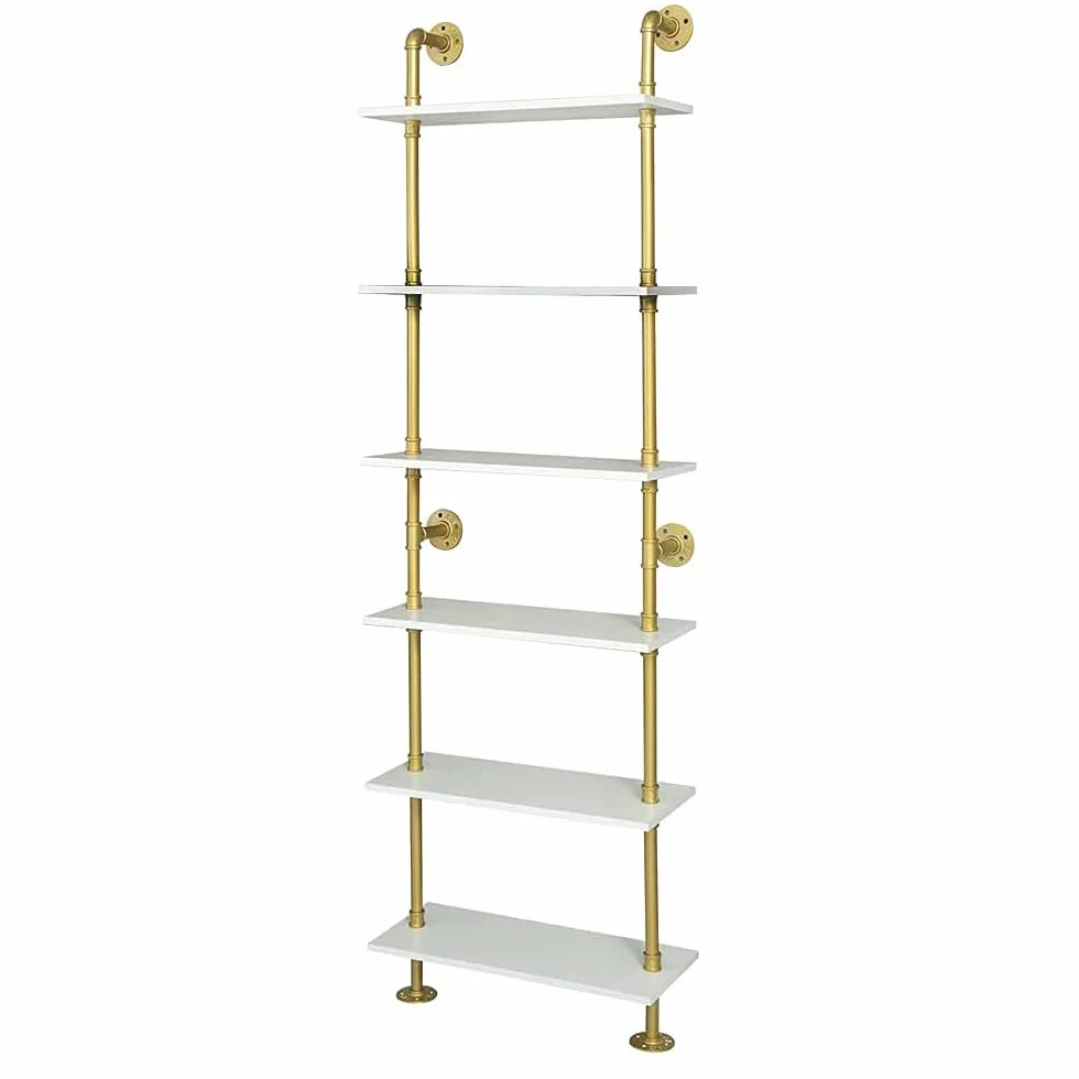 Industrial Gold Bookshelf-6 Tier Wall Mounted Ladder Bookshelf, Rustic Gold Storage Book Shelves Display Bookcases for Living Room/Home/Office