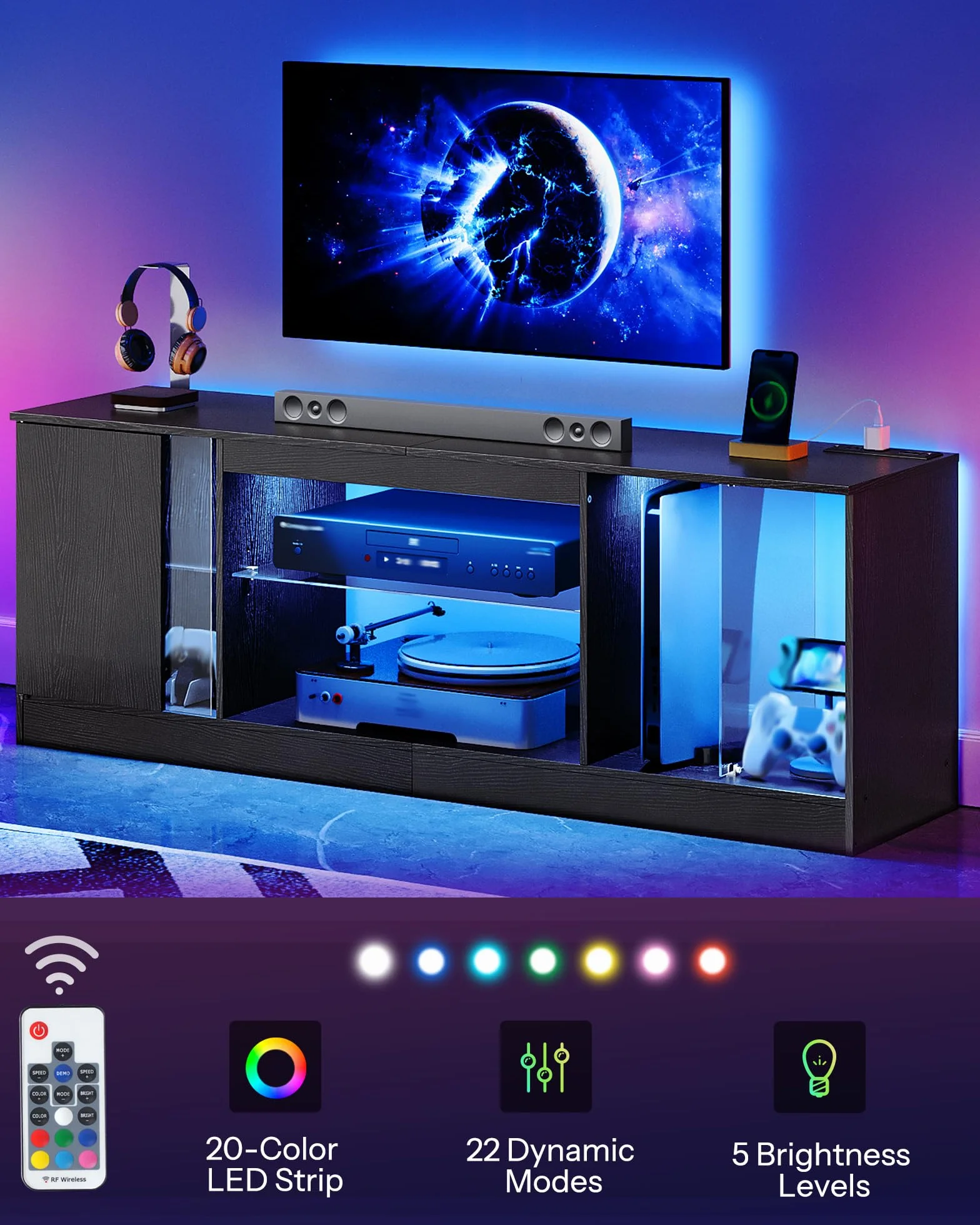 TV Stand with Power Outlets 55 65 inch, Modern Entertainment Center with Multi-Color LED Light, Media TV Console with Adjustable Glass Shelves for Living Room Black MDS01UDBB