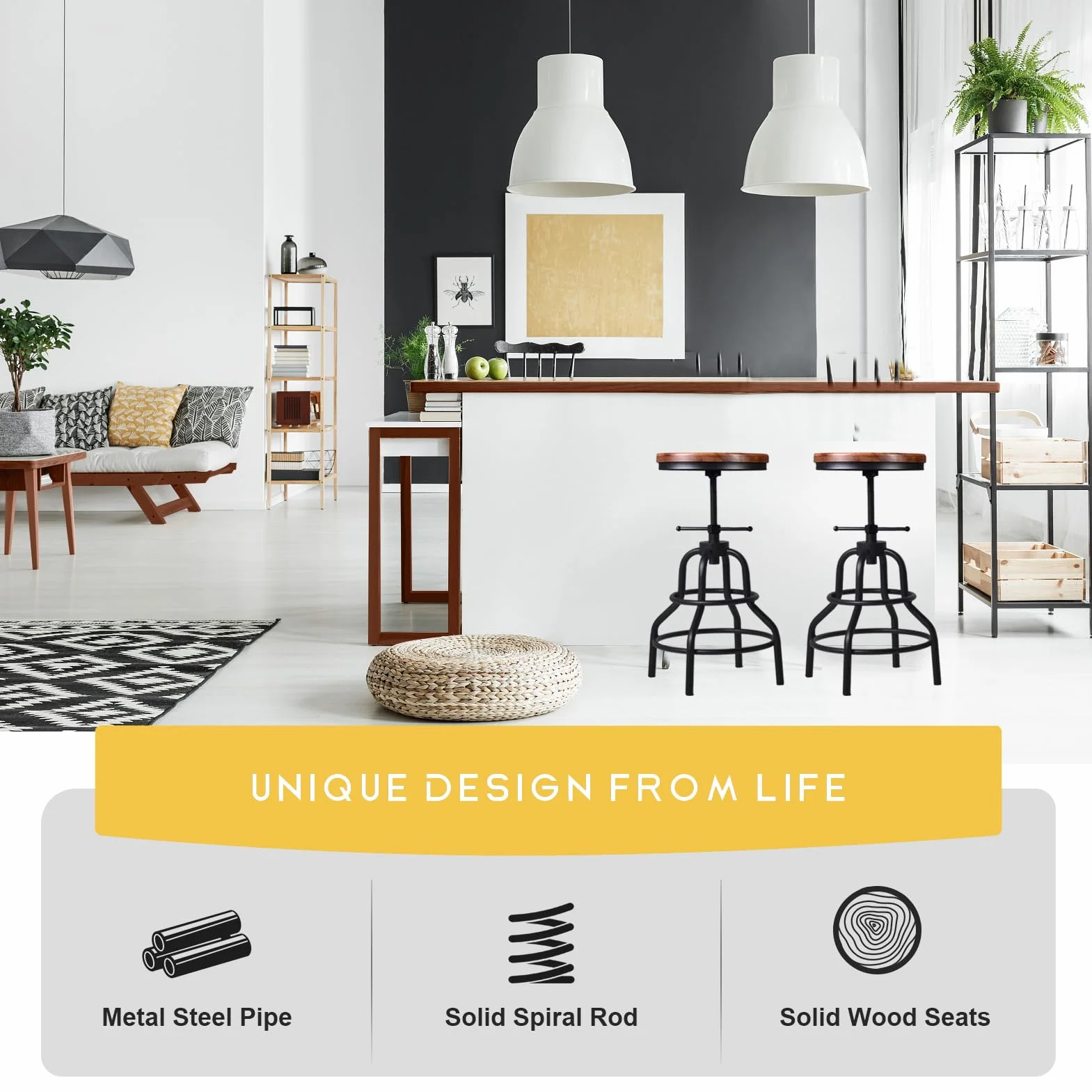 Vintage Industrial Bar Stool-Rustic Swivel Barstools-Round Wood Metal Base-Kitchen Counter Height Adjustable Pipe Stool-Cast Steel Chairs 20-27 Inch (Set of 2)