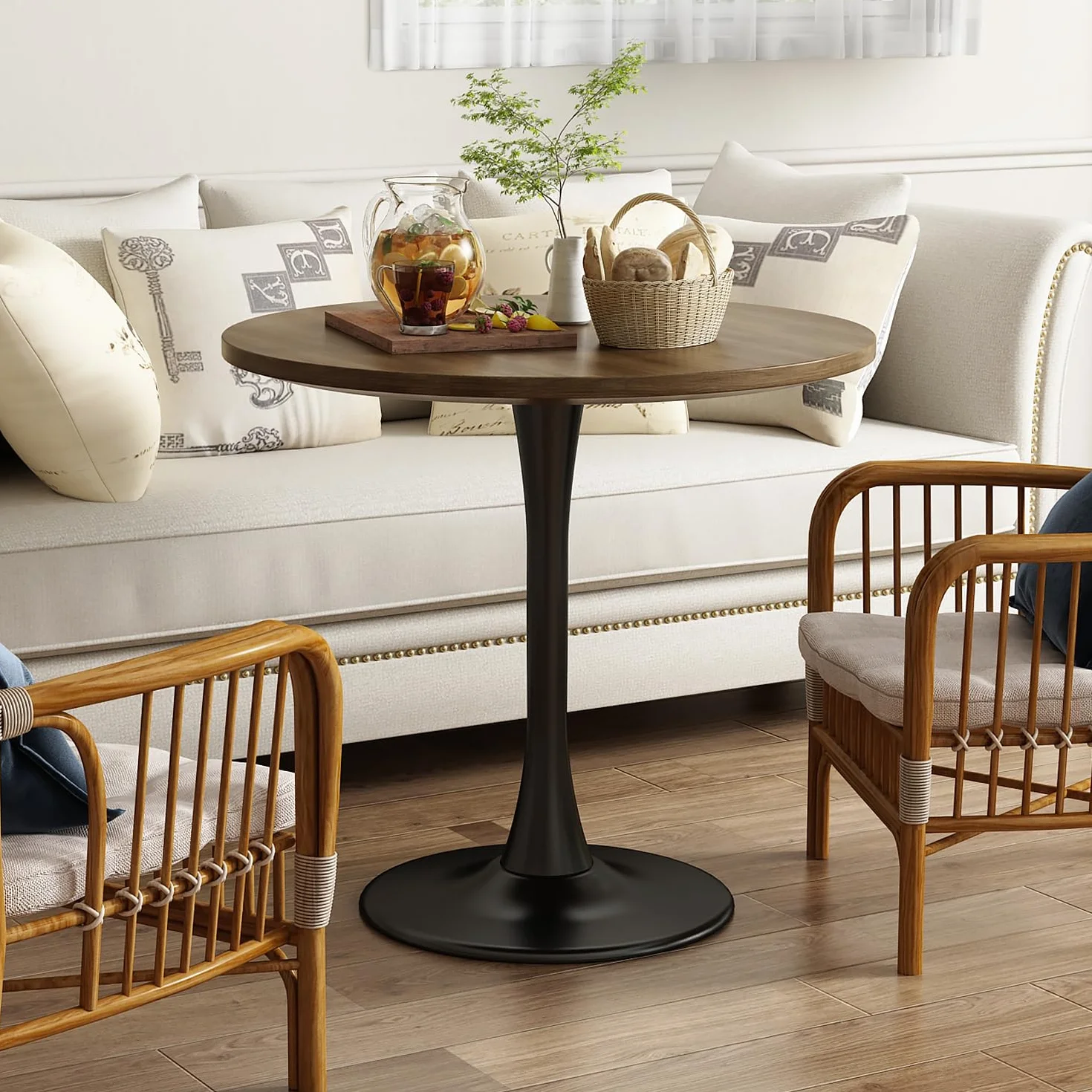 Round Dining Table 31.5" Circle Tulip Table for 4 People,Walnut | Mid Century Modern Leisure Kitchen Table with Wood Thickened Tabletop Sturdy Metal Pedestal for Small Places Living Room Cafe