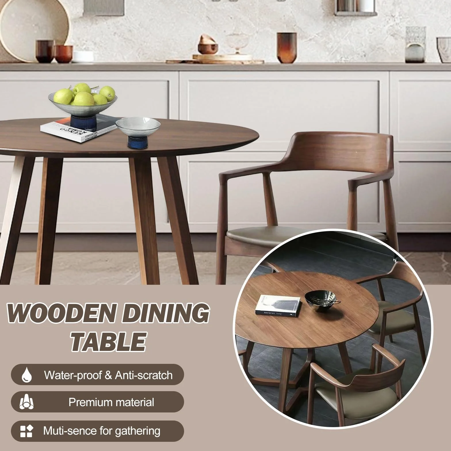 Walnut Round Dining Table for 4, 35.4" Small Wood Round Kitchen Table with Solid Wood Legs, Mid Century Modern Dining Room Tables for Home, Restaurant,Circle Coffee Table for Small Space