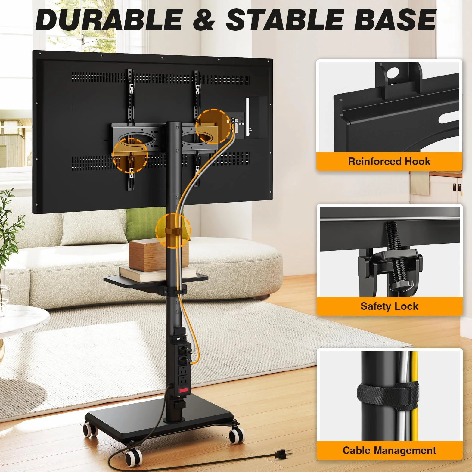 5Rcom Rolling TV Stand with Power Outlet for 32-60 inch TVs | Swivel Height Adjustable TV Cart with Power Outlet & Shelf, Holds 88lbs, Black for Bedroom Living Room Office