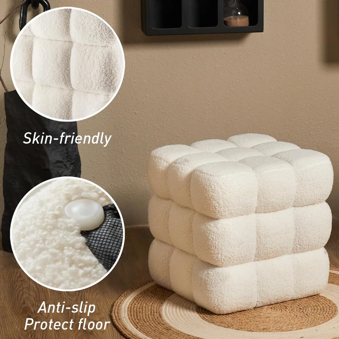 White Sherpa Square Ottoman - 17.3" Large Boucle Cube Pouf with Sturdy Wood Frame, 330lbs Capacity Modern Fuzzy Vanity Stool & Footrest for Living Room, Bedroom - Fully Assembled