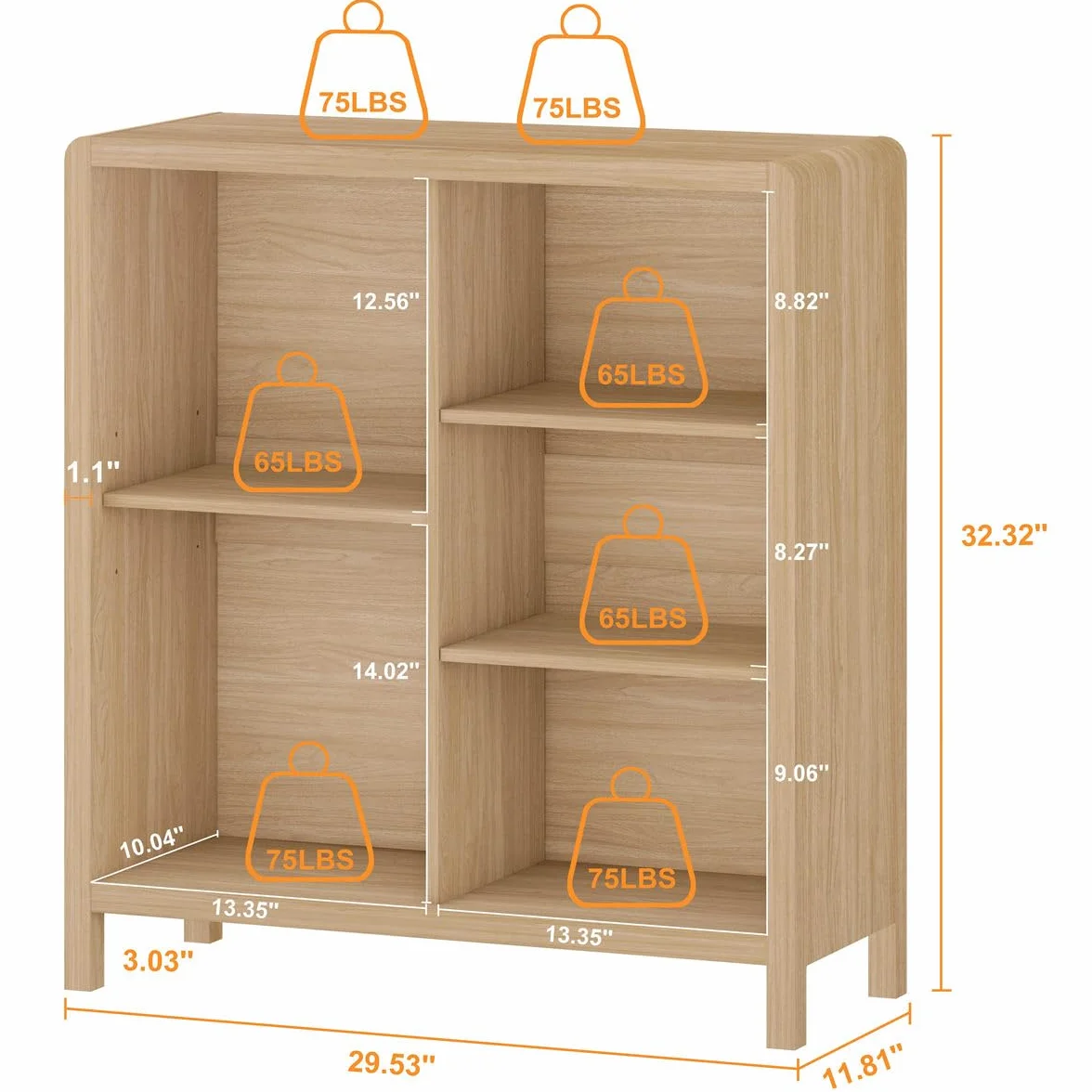 5 Cube Bookshelf, Wood Bookcase with 3 Adjustable Shelves, Modern Cube Storage Organizer Shelf for Home Office (Light Walnut)