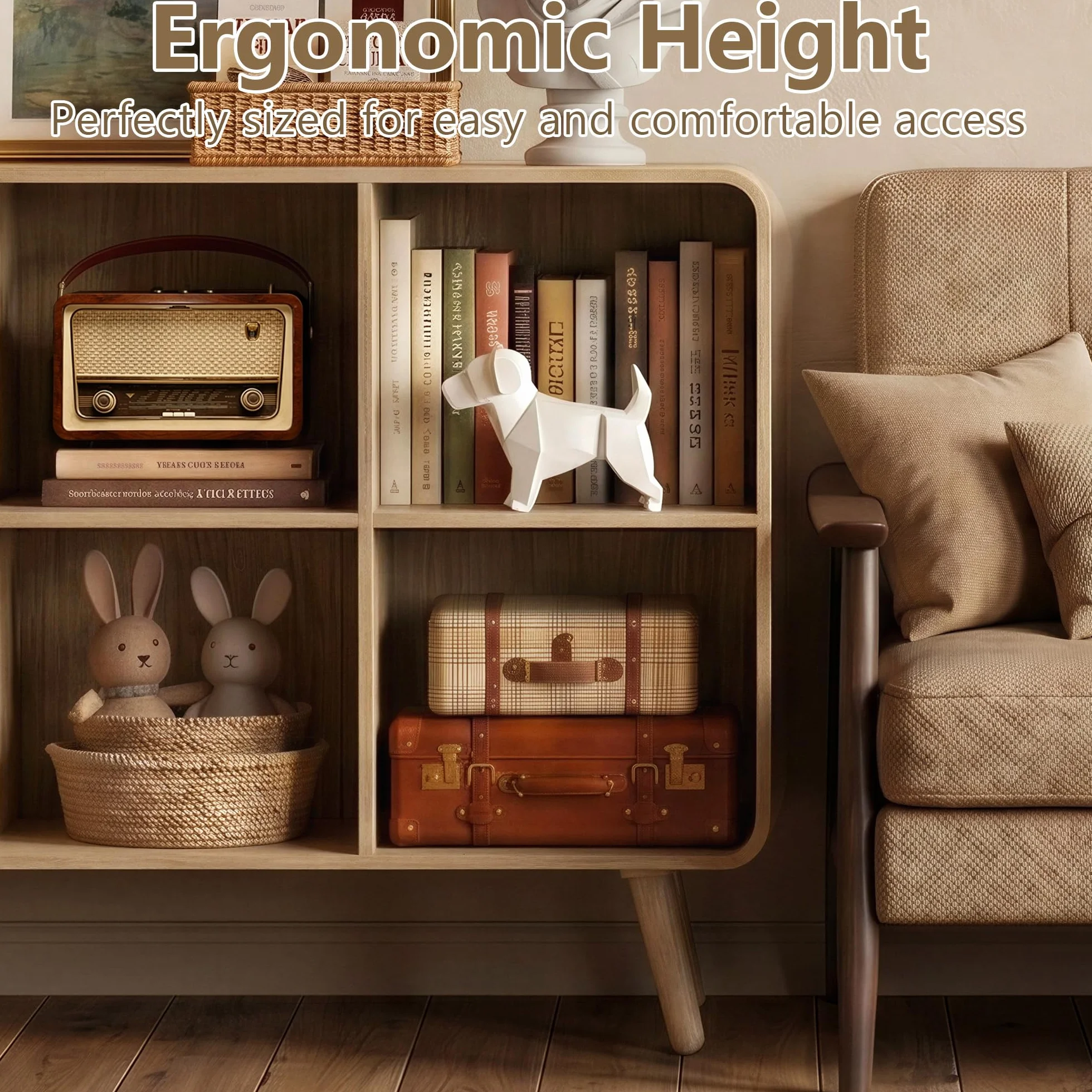6 Cube Bookshelf - 35.4" Wood Cube Bookcase with Legs, Open Cubby Bookshelves with Curved Profile Design for Bedroom, Living Room,Home Office, Nature