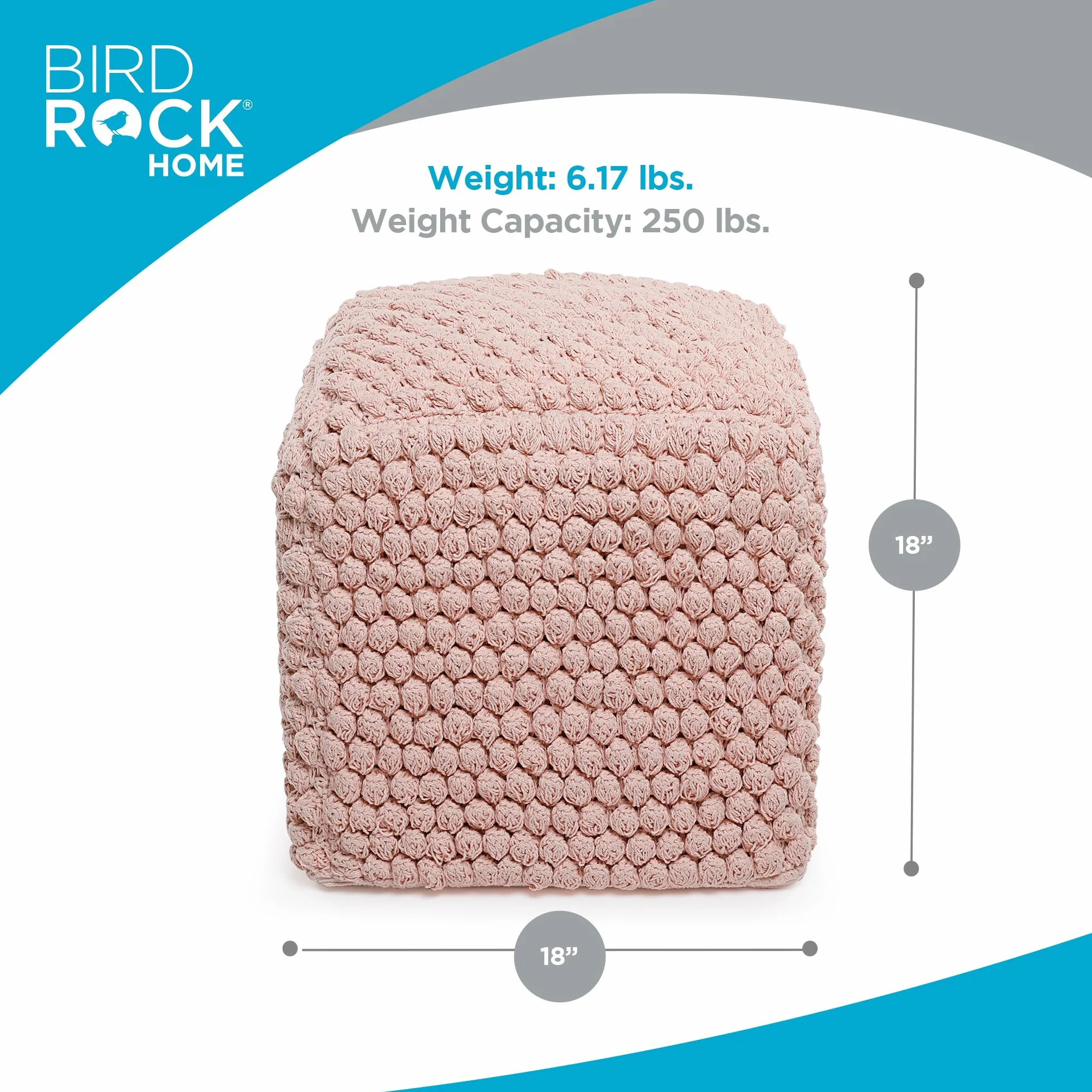 BIRDROCK HOME Square Pouf Ottoman Foot Rest - 18” Compact Comfortable Soft Cotton Knit Bean Bag Floor - Chair Foot Stool Seat for Living Room, Bedroom, or Kids Room (Dusty Rose Pink Bud)