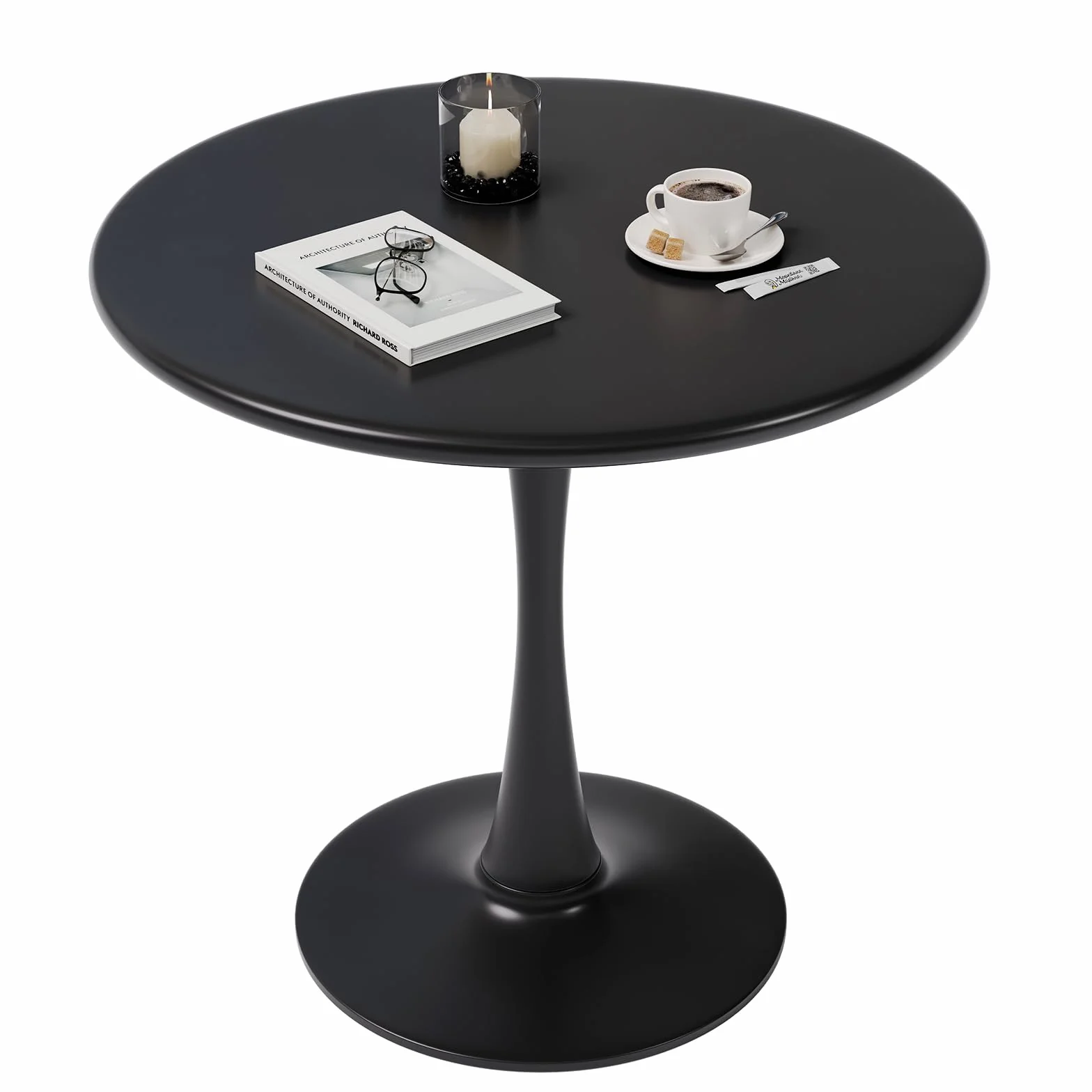 Black Small Tulip Table, 24 Inch Round Dining Table for 2 Person with Pedestal Base for Kitchen, Circle Bistro Table, Mid Century Modern Cafe Tables for Small Spaces in Living Room, Office, Pub, Bar