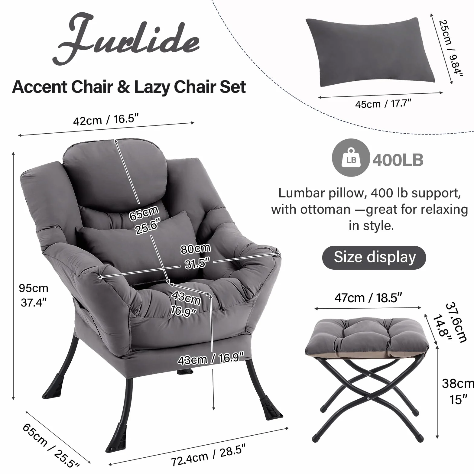 Furlide Lazy Chair with Ottoman, Comfy Fabric Accent Lounge Arm Chair with Lumbar Pillow and Folding Footrest, Reading Leisure Sofa Armchair for Bedroom, Living Room, Dorm,Dark Grey | Comfy Accent Lounge Chair with Pillow & folding Foot Stool, sturdy meta
