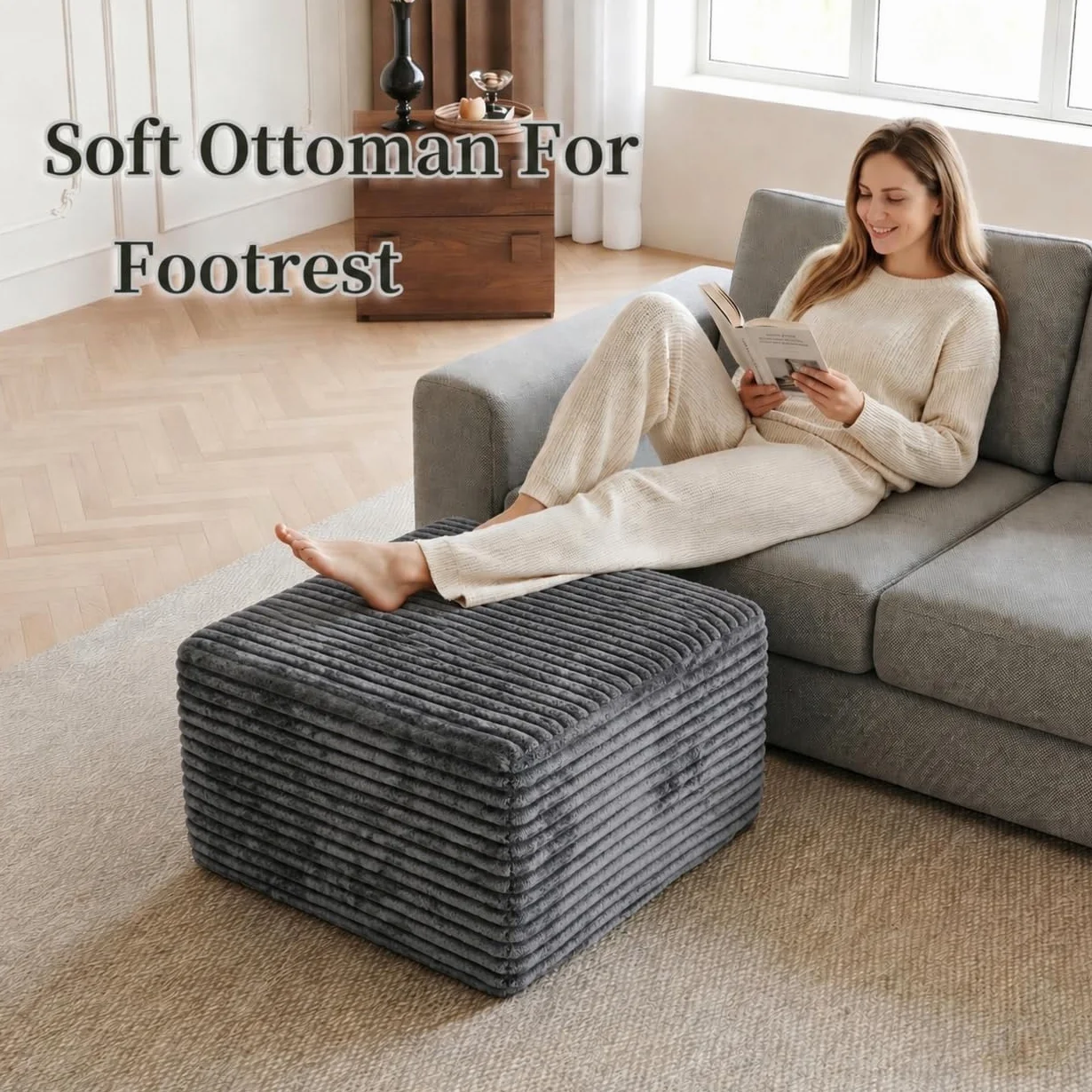 25.6" Corduroy Ottoman for Living Room,Plush Upholstered Ottoman for Couch,Memory Foam Compressed Sofa in A Box No Assembly Require,Dark Grey