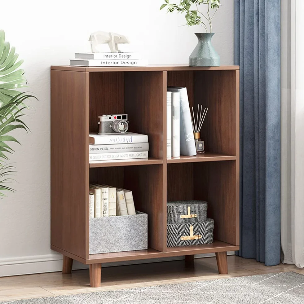 IOTXY Open Cubes Low Bookcase - 2-Tier 4-Cube Short Bookshelf in Walnut | Nordic Minimalist Style, MDF Material, Solid Wood Legs, Deep Storage Cubes, Free Standing Wooden Cabinet Organizer Unit