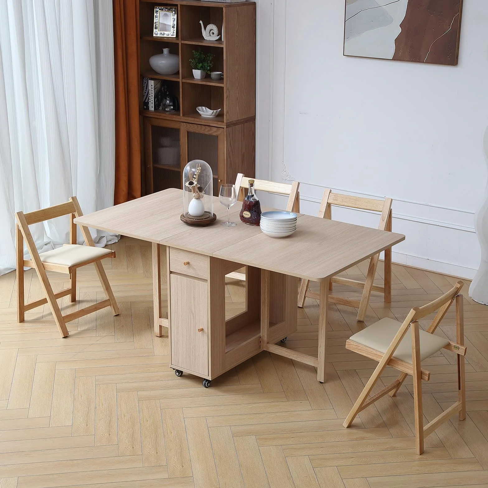 Wood Drop Leaf Folding Dining Table with 2 Drawers and 4 Wheels, Wooden Padded Chairs Set of 4, Space Saving Dining Table with 4 Chairs