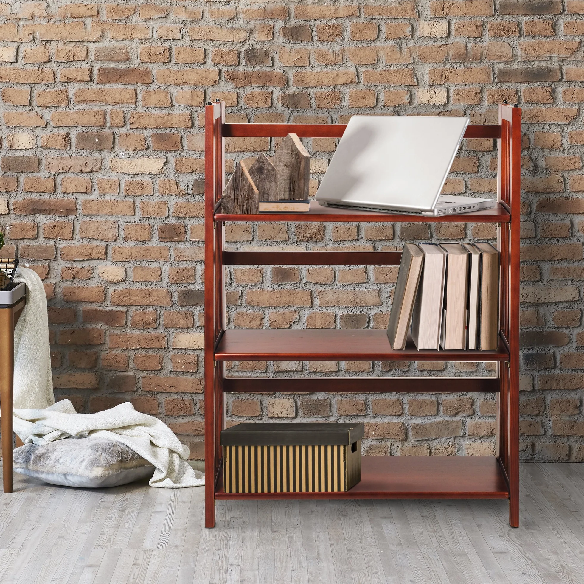 Casual Home 3-Shelf Folding Stackable Bookcase (27.5" Wide)-Walnut