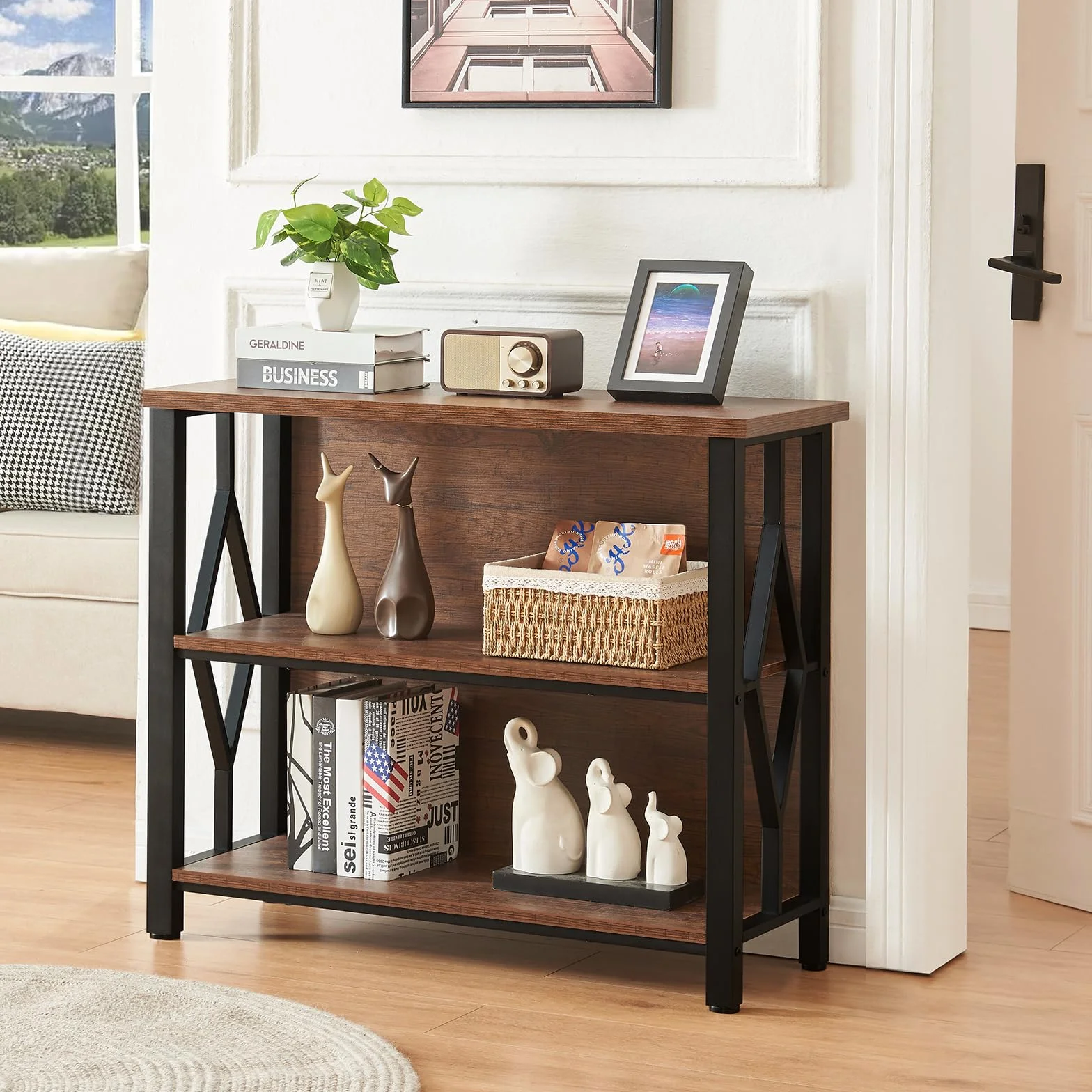 HOMISSUE Bookshelf, 3-Tier Rustic Short Bookshelf, Industrial Shelf Bookcase with Engineered Wood Shelves, Low Bookcase with Storage, Small Shelf for Living Room, Bedroom and Office, Rustic Brown