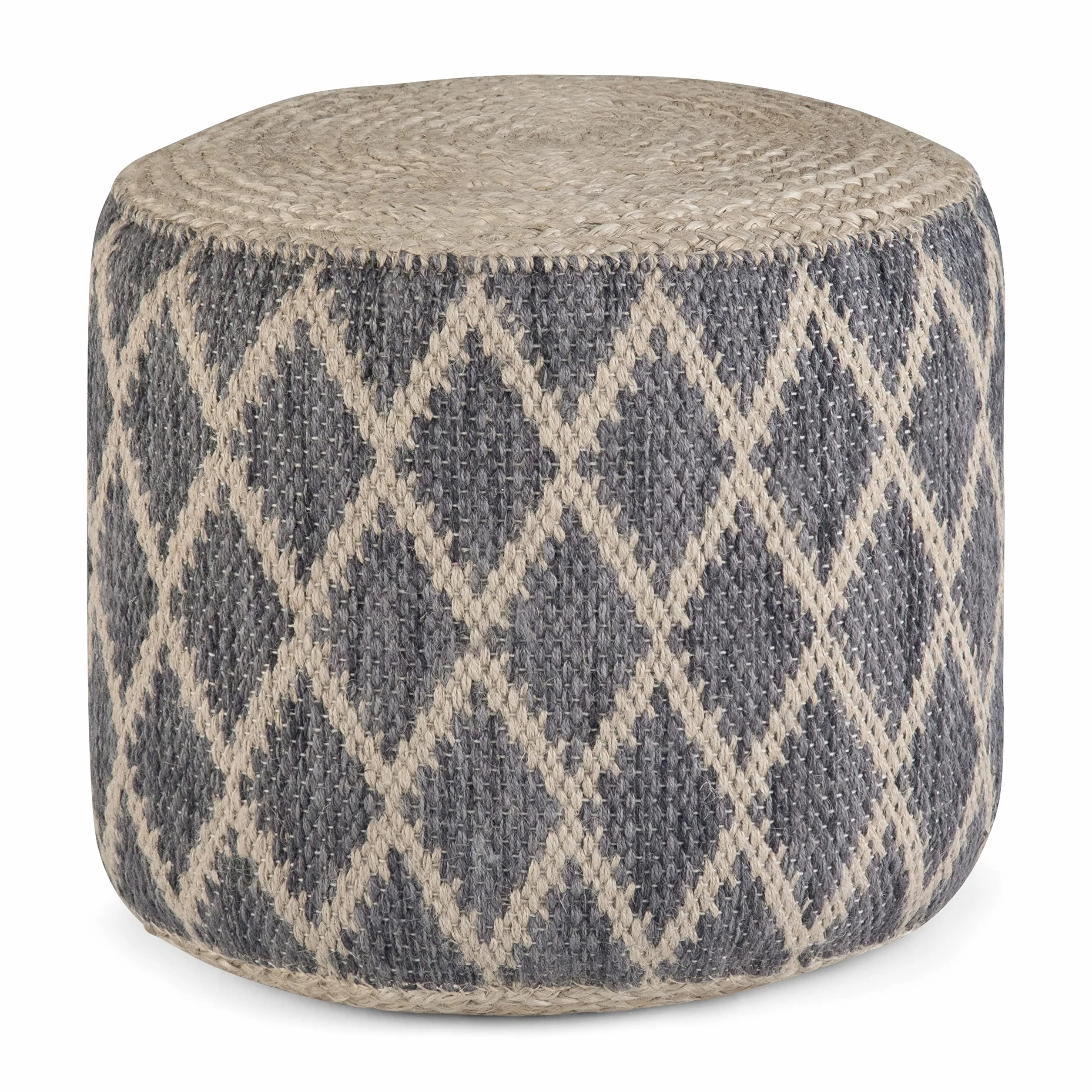 SIMPLIHOME Edgeley 18" Wide Round Pouf in Grey/Natural Jute and Cotton