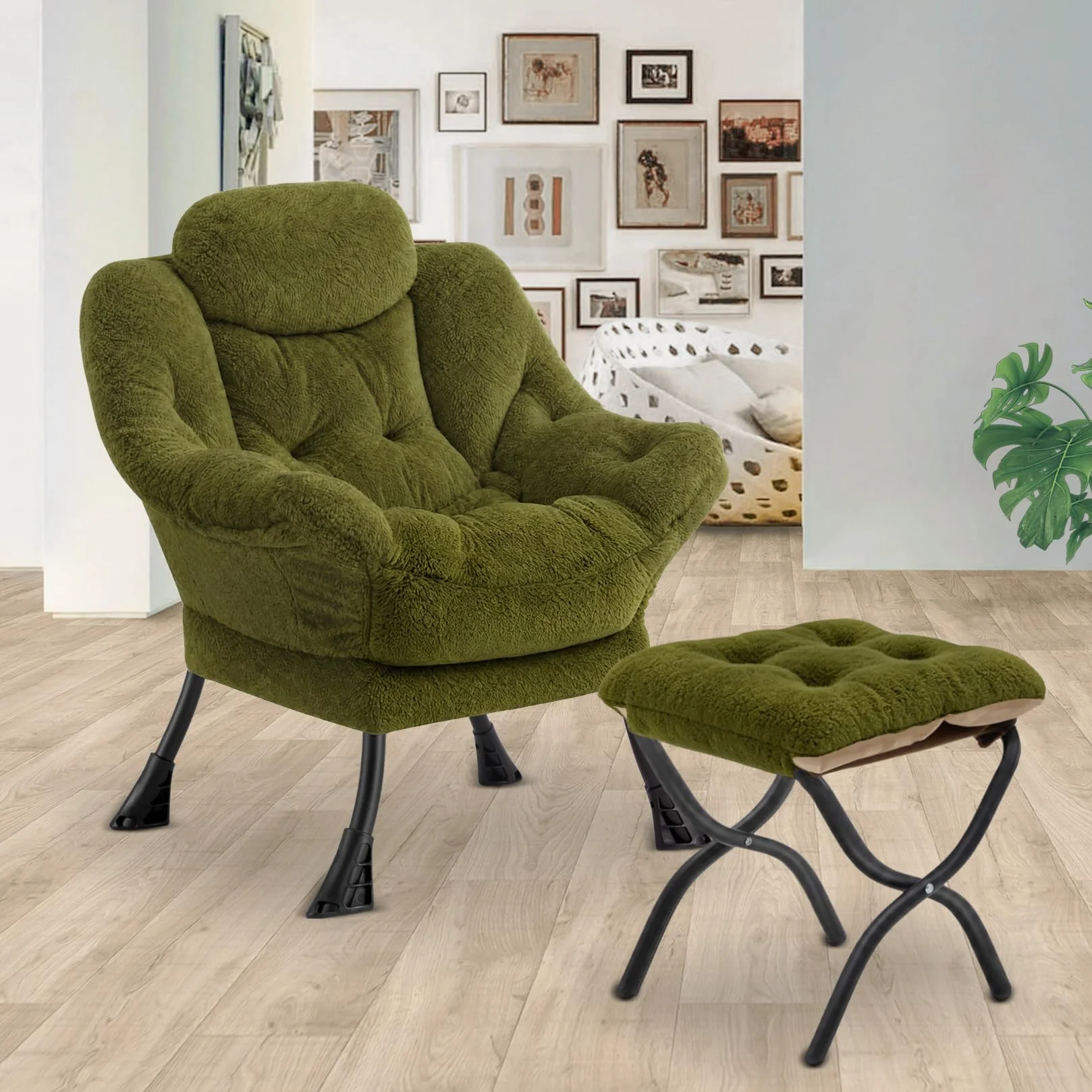 Lazy Chair with Folding Ottoman,Leisure Sofa Chair,Soft Fabric Armchair with Armrests and Side Pockets, Reading Chair with Footrest for Living Room, Bedroom, Office (Plush Green)