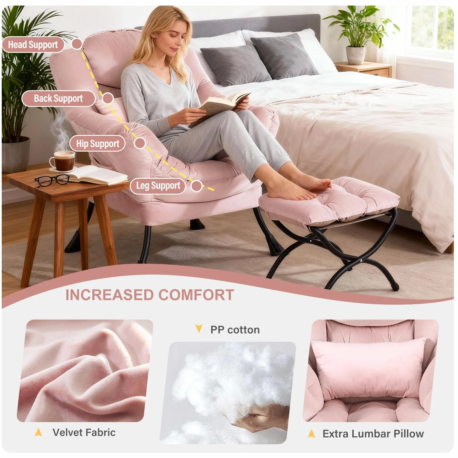 Lazy Chair with Ottoman, Velvet Reading Chair with Pillow，Pink | Comfy Accent Lounge Chair with Pillow & folding Foot Stool, sturdy metal frame for bedroom, dorm or apartment, Living Room
