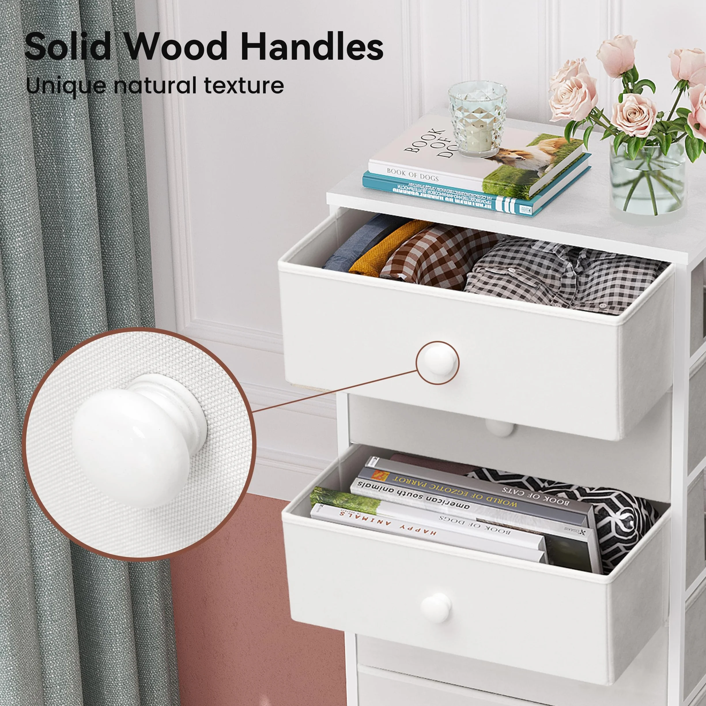 Fabric Dresser for Bedroom, 8 Drawer Tall Vertical Skinny Tower (White) | Wooden Top, Steel Frame, Easy Pull Bin,Organizer Unit for Living Room, Hallway, Entryway, Nursery, Closets