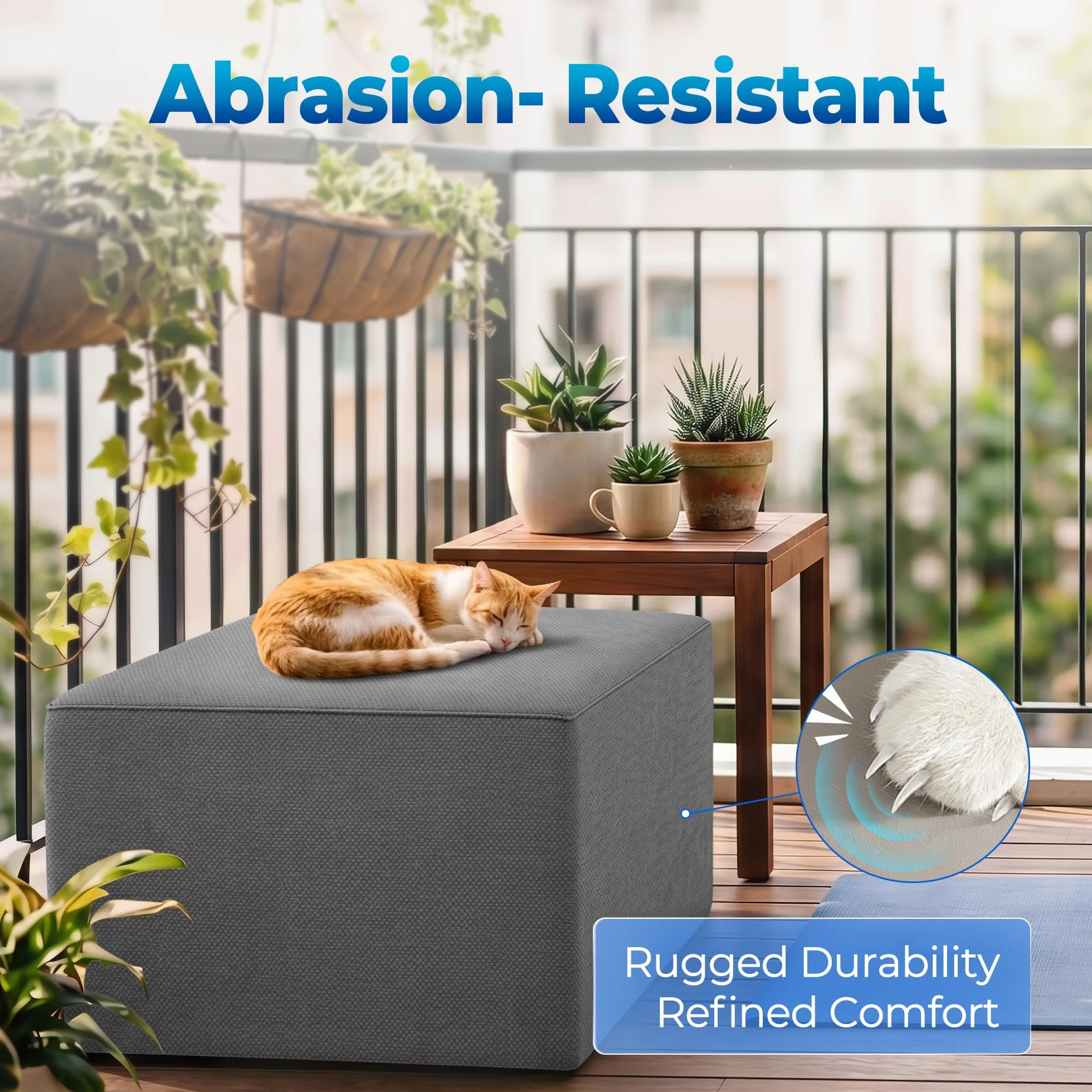 Square Outdoor Ottoman Pouf, 24" Waterproof Patio Foot Rest, Dark Gray | Ottoman Foot Rest, Comfy Footstool, Boneless Ottoman, Solid High-Density Foam, Outside Couch & Seating