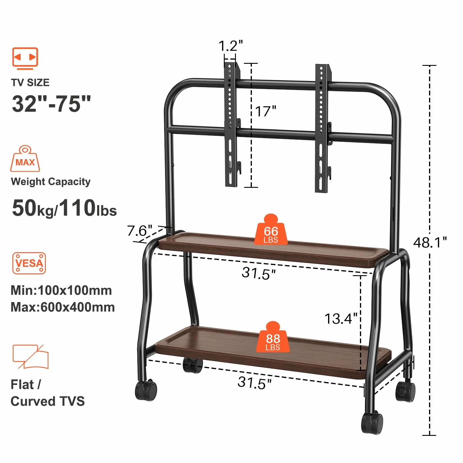 Easel Rolling TV Stand with Wheels for 32-75 Inch TVs, Decorative Mobile TV Cart with Double Wood Shelves, Portable Floor TV Stand for Living Room Office Classroom, VESA 600x400, 110 lbs