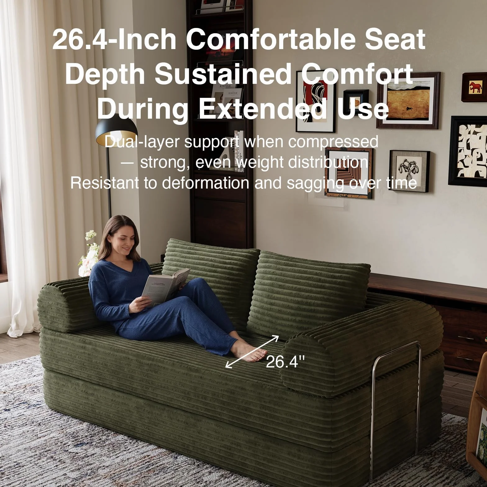 Novilla 75" Convertible Futon Sofa Bed, Boneless Couch with Smarts Coil® Support & High-Density Foam, No Assembly Corduroy Folding Loveseat Floor Sleeper for Living Room, Apartment, Bedroom, Green