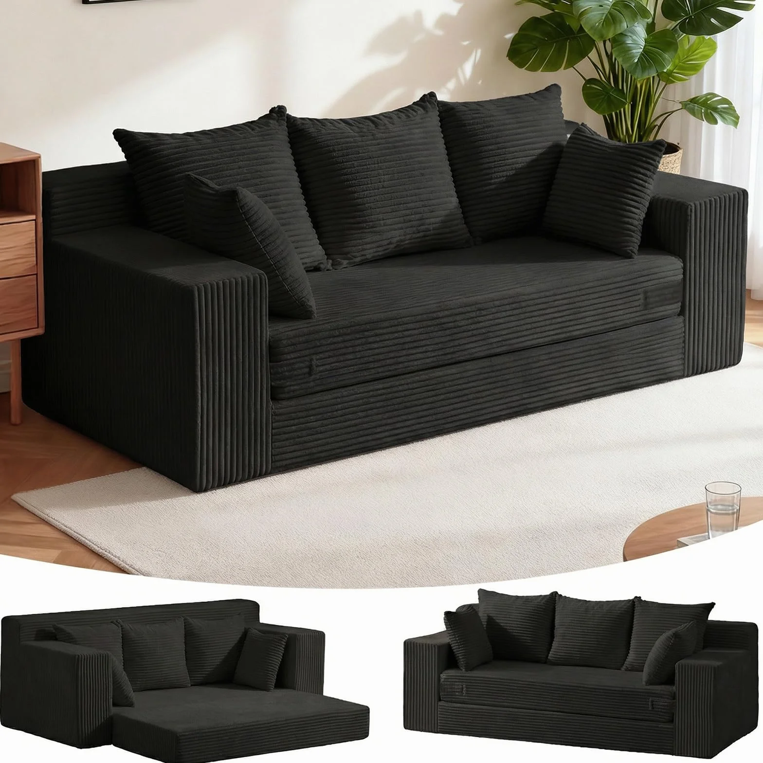 Convertible Sofa Bed, Pull Out 3 Seater Sleeper Sofa, 70" Black Boneless Couch Fold Out Floor Couch with 5 Pillows for Living Room Bedroom Lounge Small Space