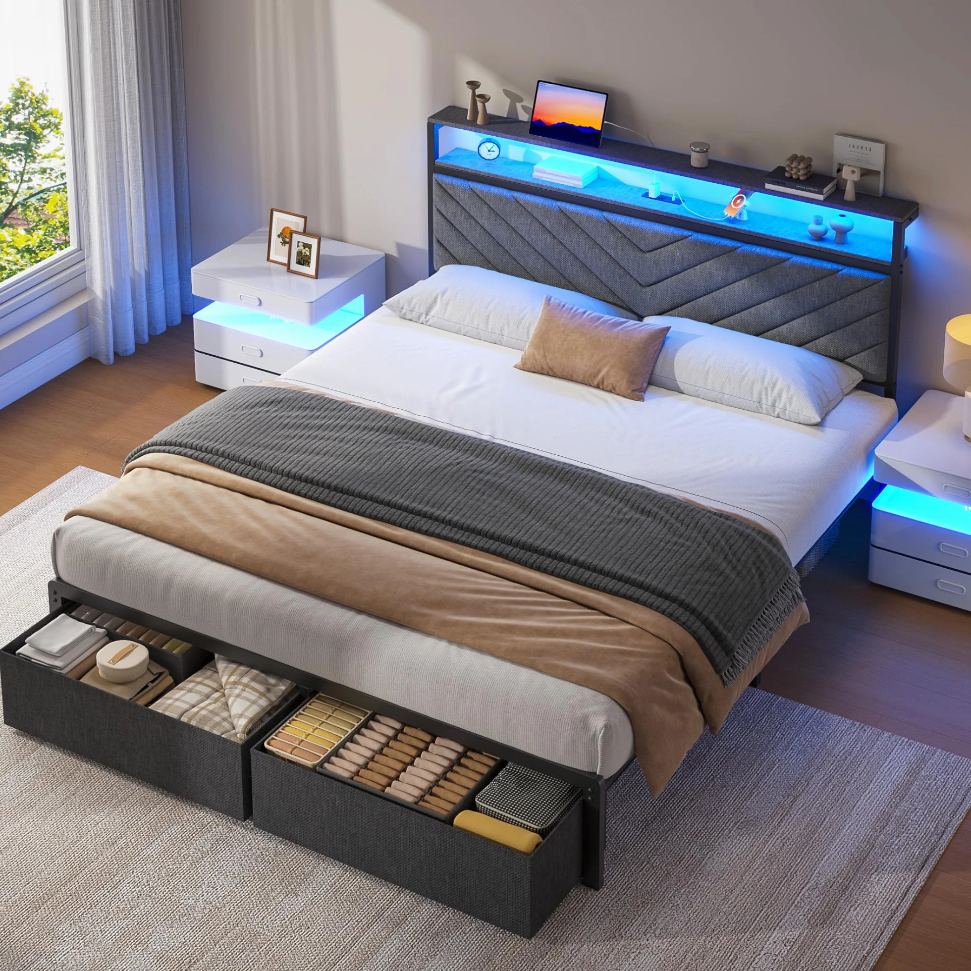 Fluest Queen Bed Frame with 2 Drawers, Upholstered Headboard with Storage and Charging Station, LED Lights, Fabric Drawers with Wheels, Under Bed Storage, No Box Spring Needed, Easy Assembly, Grey