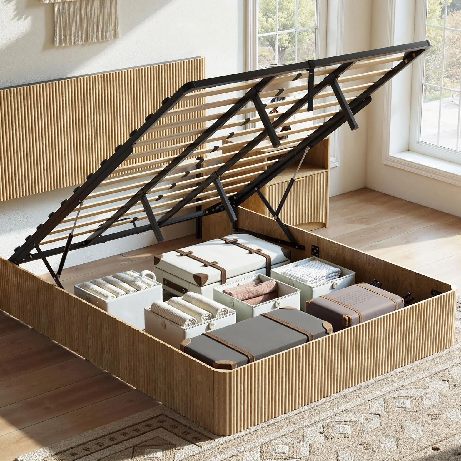 Evermagin Queen Lift-Up Storage Bed Frame, Fluted Headboard, Natural | Evermagin Storage Bed Frame, Mid Century Modern Fluted Bed Frame, Wood Hydraulic Queen Size Bedframe with Headboard