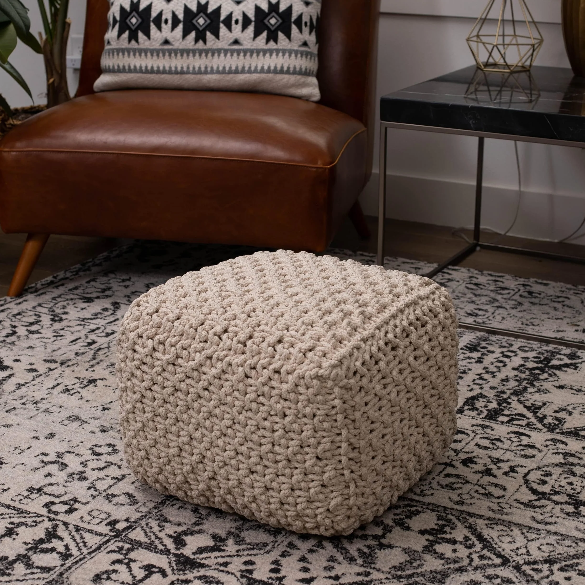 BIRDROCK HOME Square Pouf Ottoman - Cotton Braided Foot Stool with Bean Bag Filling - Compact and Comfortable Seating, Lightweight and Sturdy Boho Foot Rest for Living Room or Bedroom (Natural)
