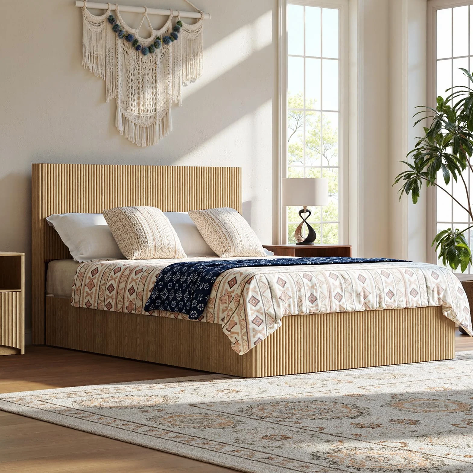 Evermagin Queen Lift-Up Storage Bed Frame, Fluted Headboard, Natural | Evermagin Storage Bed Frame, Mid Century Modern Fluted Bed Frame, Wood Hydraulic Queen Size Bedframe with Headboard