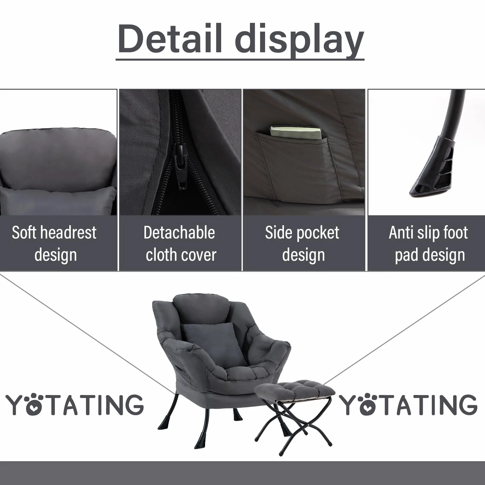 Lazy Chair with Ottoman, Comfy Reading Lounge Chair with Footstool & Throw Pillow Modern with Armrests & Side Pocket for Living Room, Bedroom, Dorm Room, Dark Grey