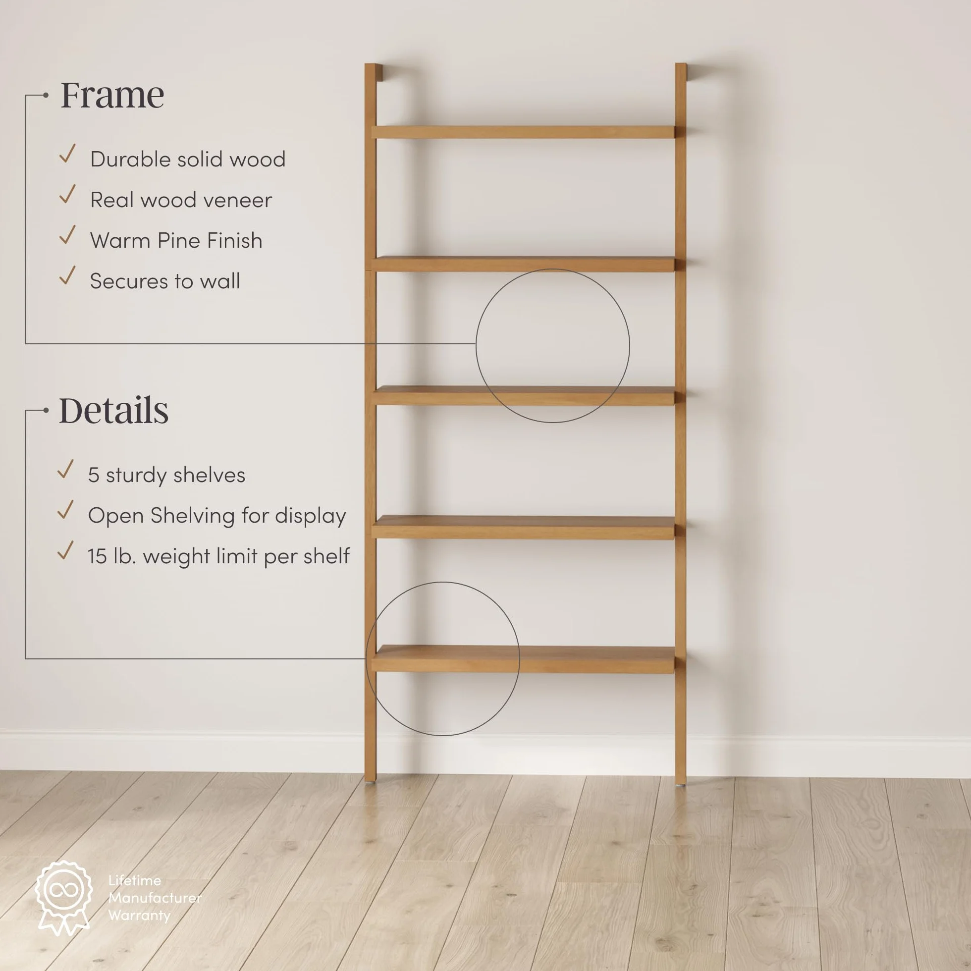 Nathan James Beacon Bohemian 5 Tier Bookshelf, Wall Mounted Bookcase, Solid Wood Bookshelf in Warm Pine