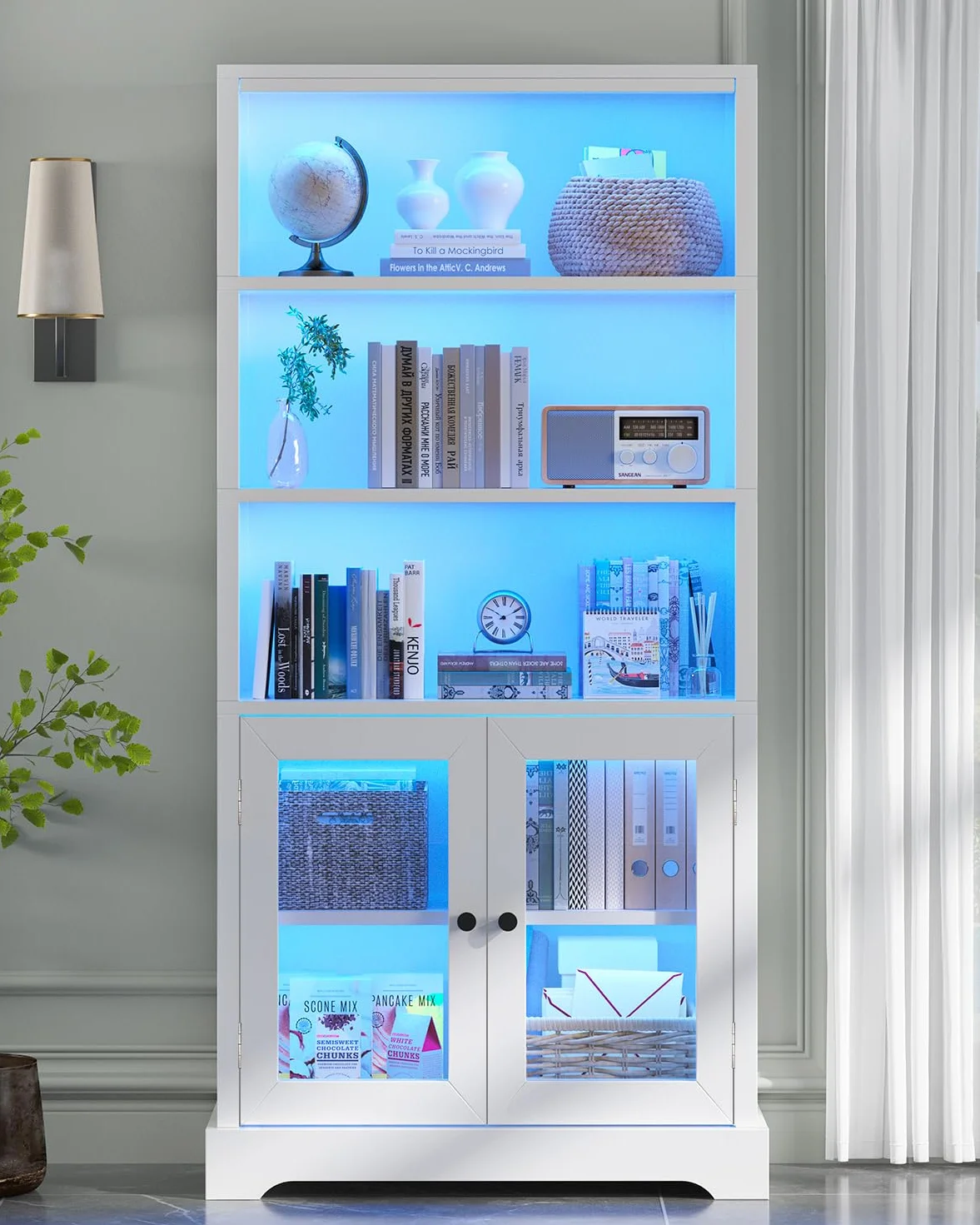 TVU 5-Tier Bookshelf, 65" Bookshelf with Multi-Color Ambient Lights (APP Remote Control), Tall Vertical Display Shelf with Cabinet Doors, Suitable for Living Room, Bedroom, Study, Office, White