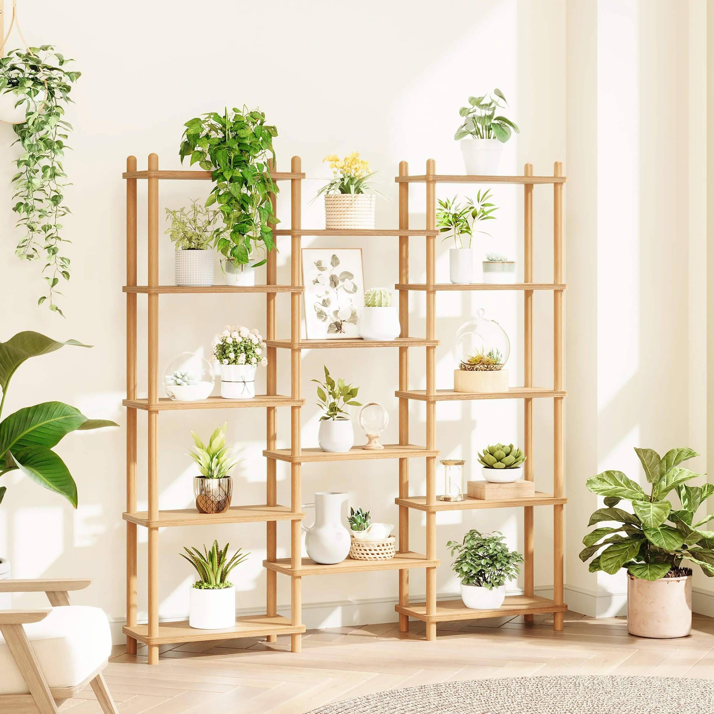 IOTXY Wooden Triple Wide Bookshelf, 5-Tier Large Open Bookcase, Oak | Beech Wood Frame, 14 Open Shelves, Display Storage for Books, Plants, and Decor, Living Room, Home Office