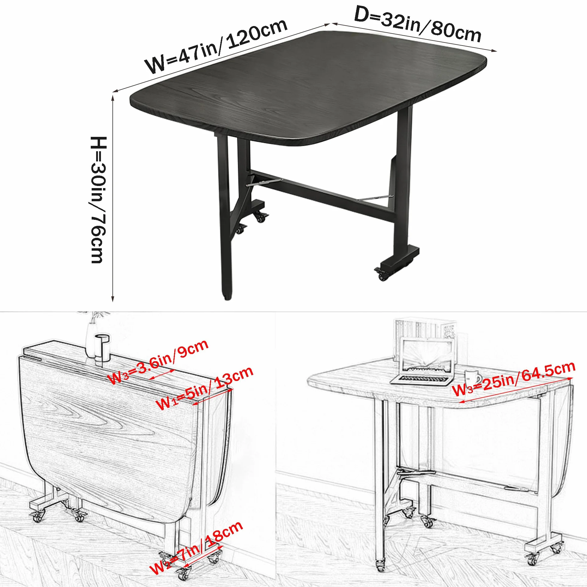 Multifunction Table Drop Leaf Dining Table - 47" Wooden Foldable Kitchen Table with 6 Wheels (Black)